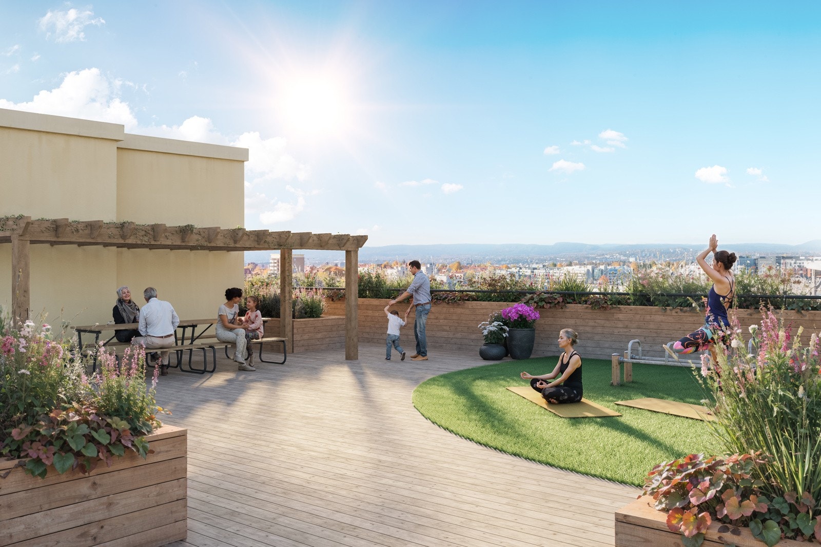 Flott takterrasse på toppen av bygget der Søtkirsebæret borettslaget ligger. Da er det bare å ta heise opp og nyte utsikten og solnedgangen Galleribilde