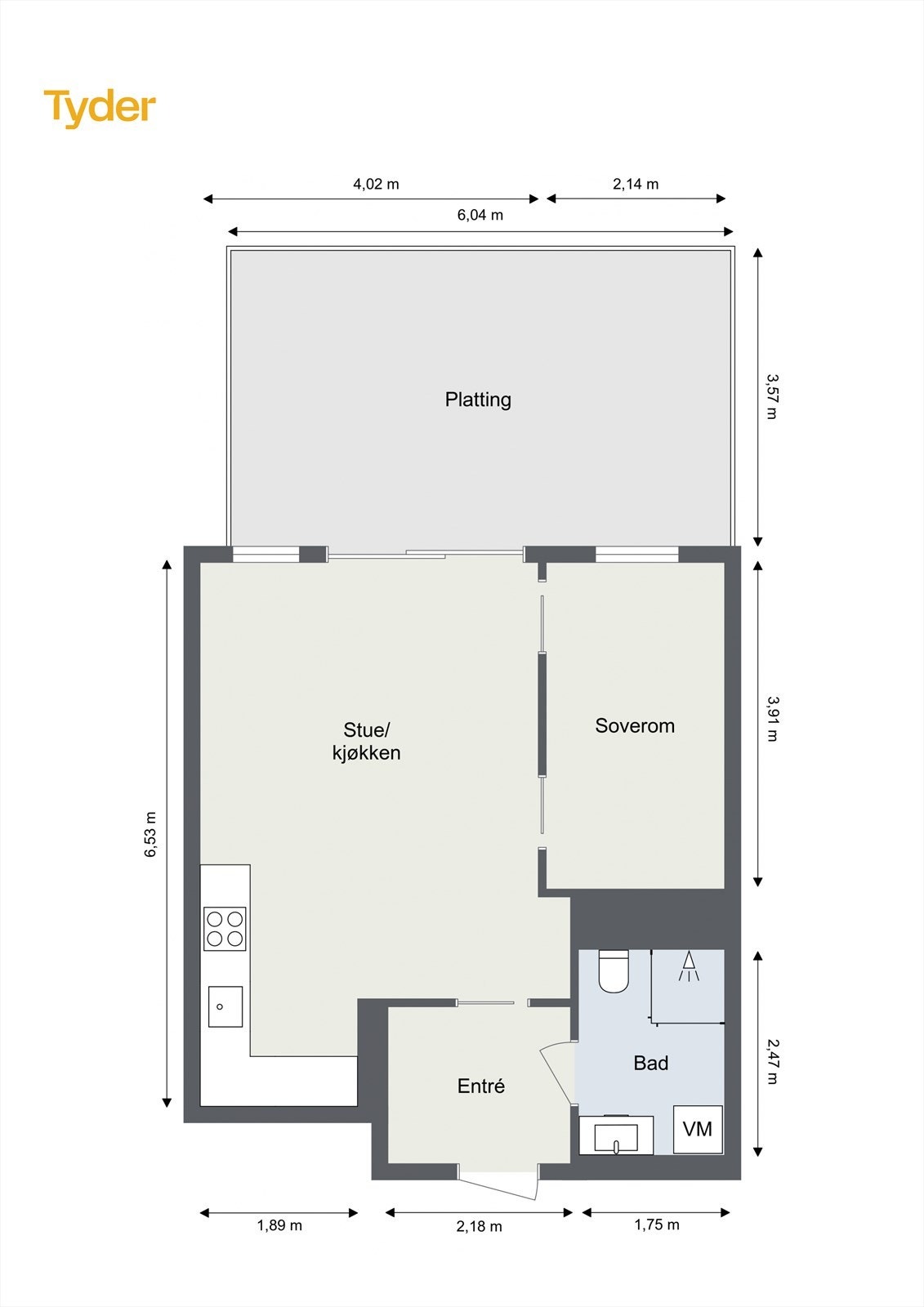 Arealeffektiv planløsning med åpen stue- og kjøkkenløsning, soverom, bad og entré. Direkte utgang til markterrasse. Galleribilde