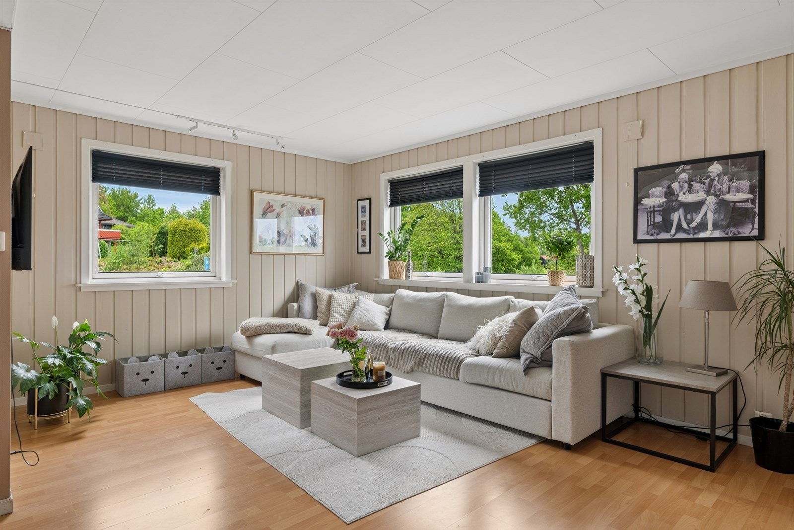 Stuen i leiligheten har plass til en komfortabel sofagruppe. Galleribilde