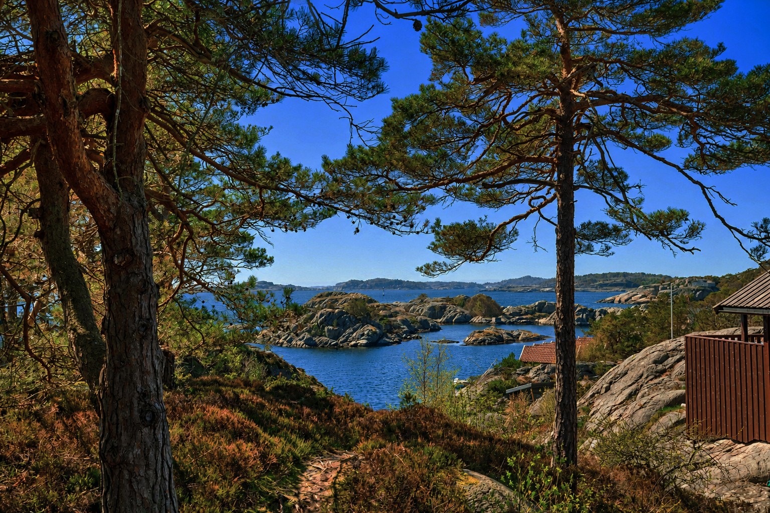 En sti fører ned til bryggeområdet hvor eiendommen har tinglyst bruksrett til båtplass og sjøbod. Galleribilde