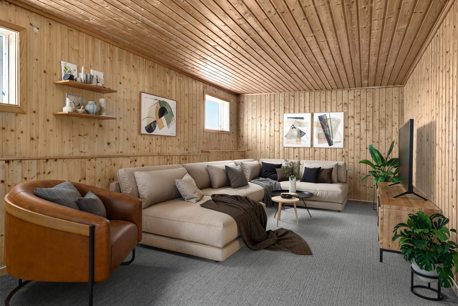 Kjellerstue med flere møbleringsmuligheter. 3D møblert bilde, gulvet er også endret fra originalen. Galleribilde