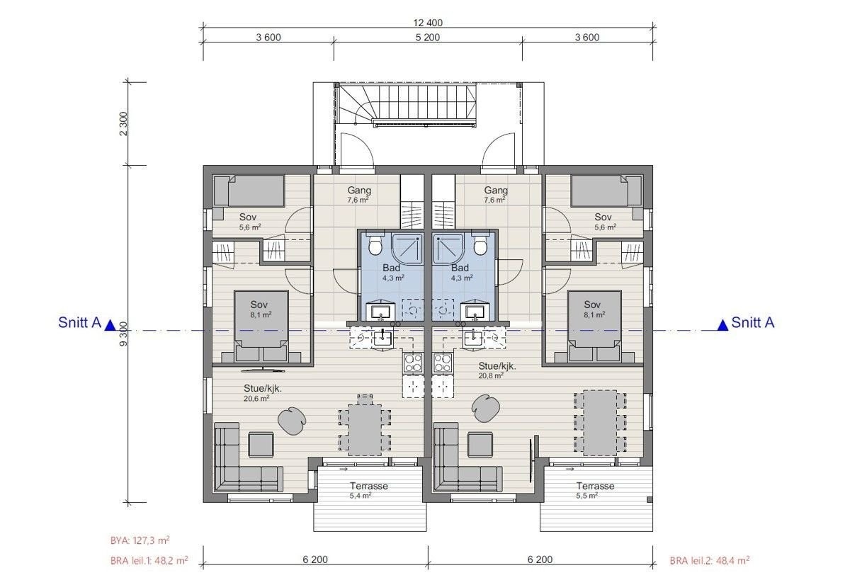 2. etg.: 2x2 leiligheter på drøyt 48m2 BRA Galleribilde