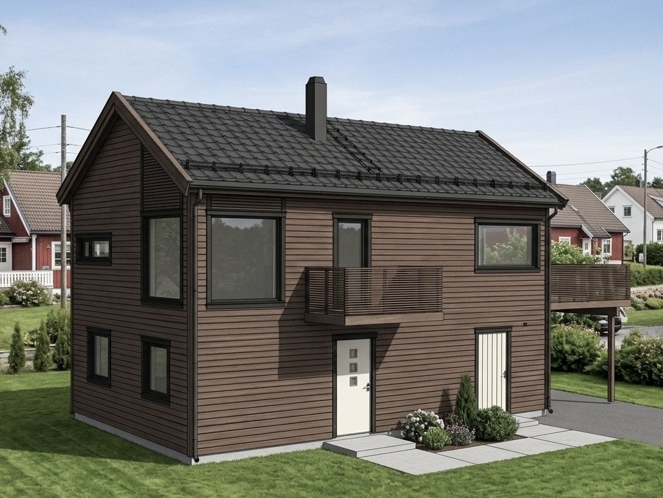 Boligen er planlagt med en praktisk planløsning som blant annet inneholder 3 soverom, bad i 1. etasje, separat toalett i 2. etasje, bod/teknisk rom, sportsbod og en åpen stue-/kjøkkenløsning. KI-genererte illustrasjoner. Avvik og tilvalg kan forekomme. Galleribilde