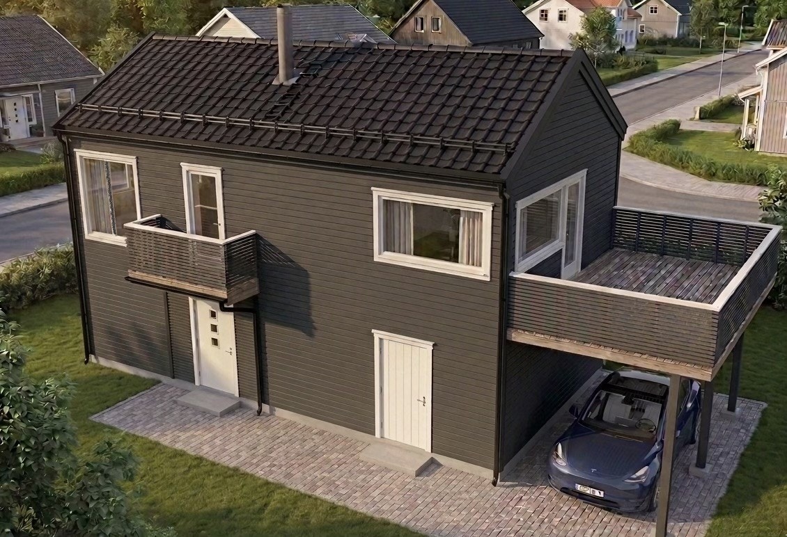 Her er det signert kontrakt med ABChus for oppføring av husmodellen Vindy , en moderne og arealeffektiv bolig med bruksareal på ca. 106 m² over to plan. KI-genererte illustrasjoner. Avvik og tilvalg kan forekomme. Galleribilde