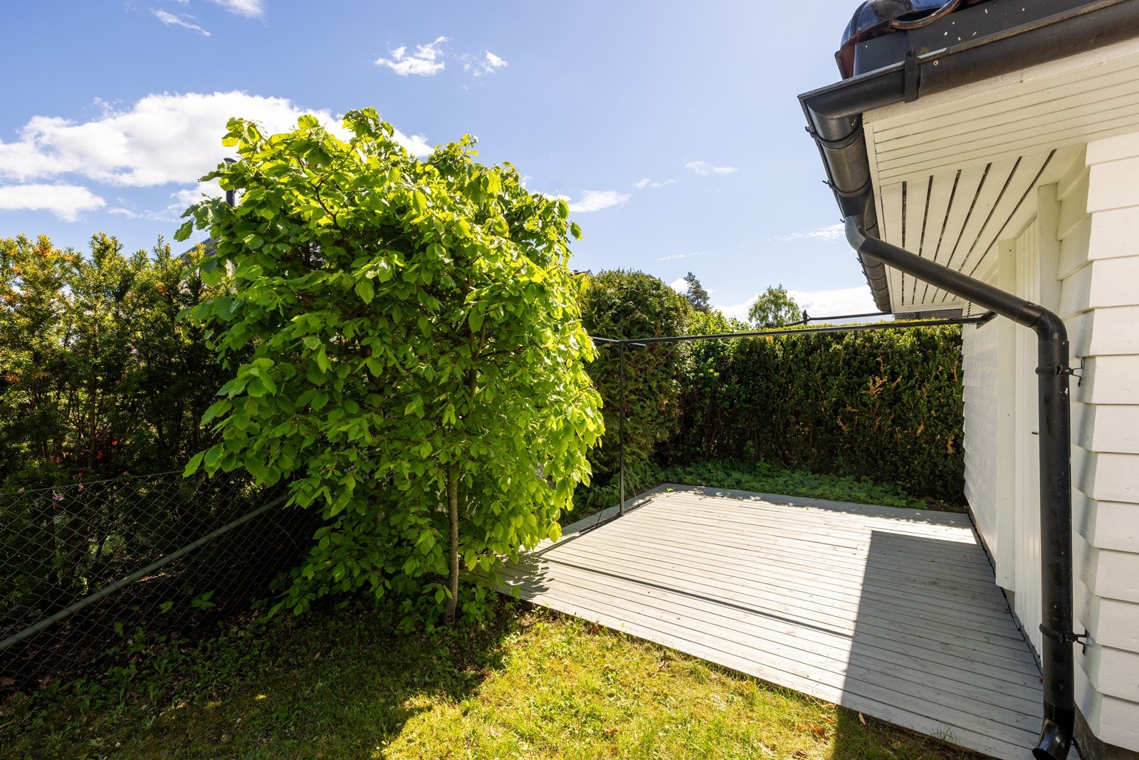 Nymalt markterrasse med morgenssol bak garasje Galleribilde
