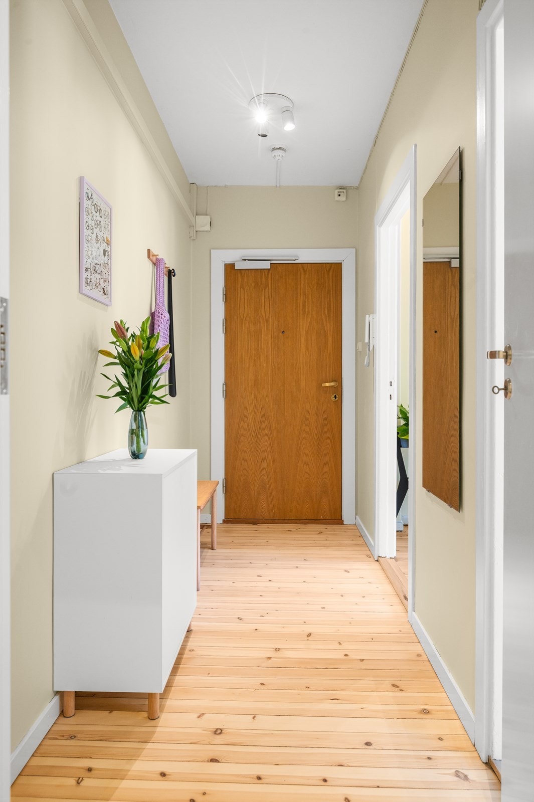 Romslig entré med lyd- og brannklassifisert dør. Leiligheten disponerer to boder, en på loft og en i kjeller. Galleribilde