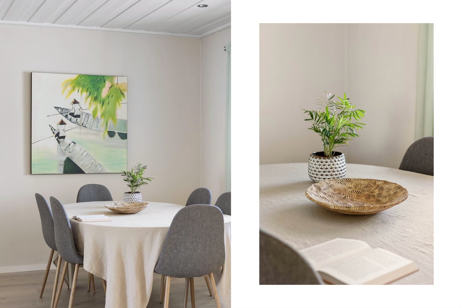 Stemningsfull detalj fra spiseplassen, hvor lyse overflater og store vindusflater skaper en luftig romfølelse. Galleribilde