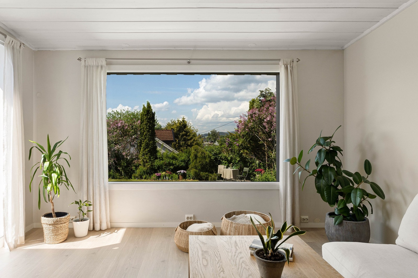 Det store stuevinduet rammer inn utsynet mot den grønne hagen og slipper inn rikelig med naturlig dagslys. Vinduet er i tillegg selvrensende, som er svært praktisk. Galleribilde
