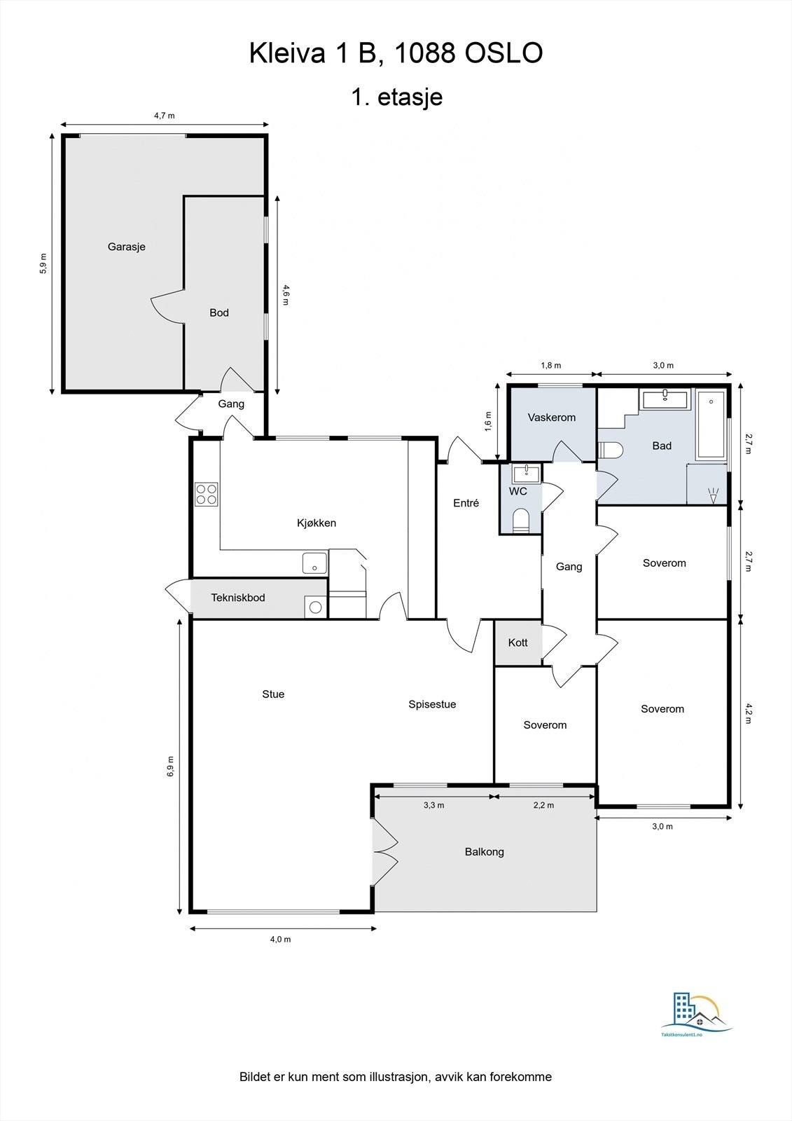 Praktisk og familievennlig planløsning med alt på ett plan, tre soverom, separat vaskerom og direkte adkomst til garasjen. Galleribilde