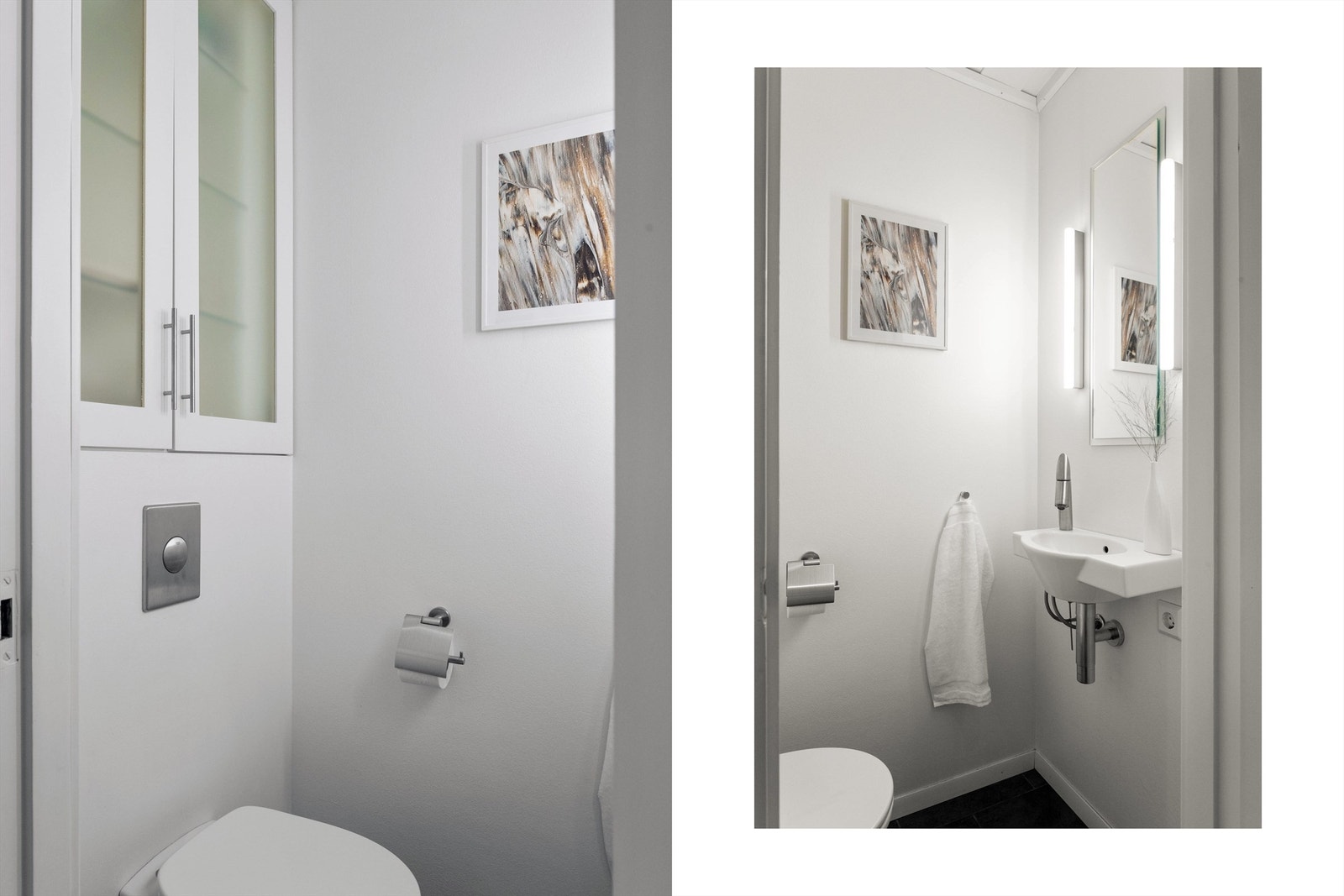 Praktisk separat toalettrom med vegghengt toalett og gjennomførte materialvalg i samme stil som badet. Galleribilde