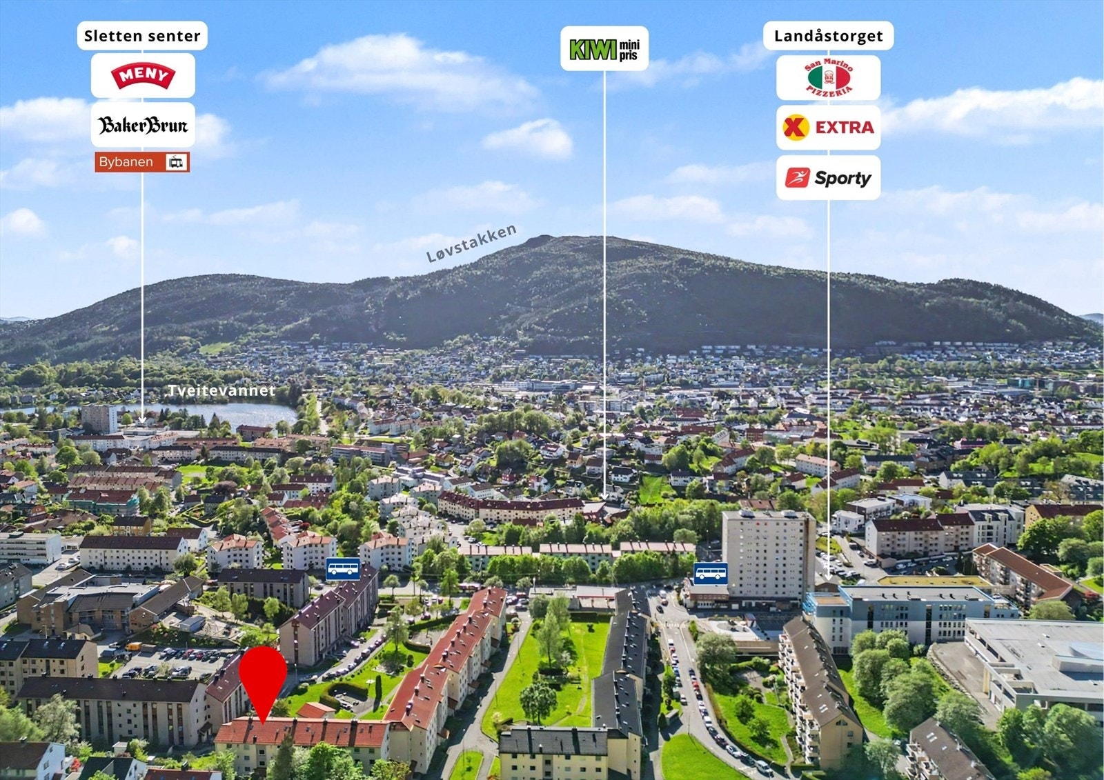 Sletten Senter med et bredt utvalg butikker og Bybanen ligger en 13-minutters spasertur unna. Galleribilde