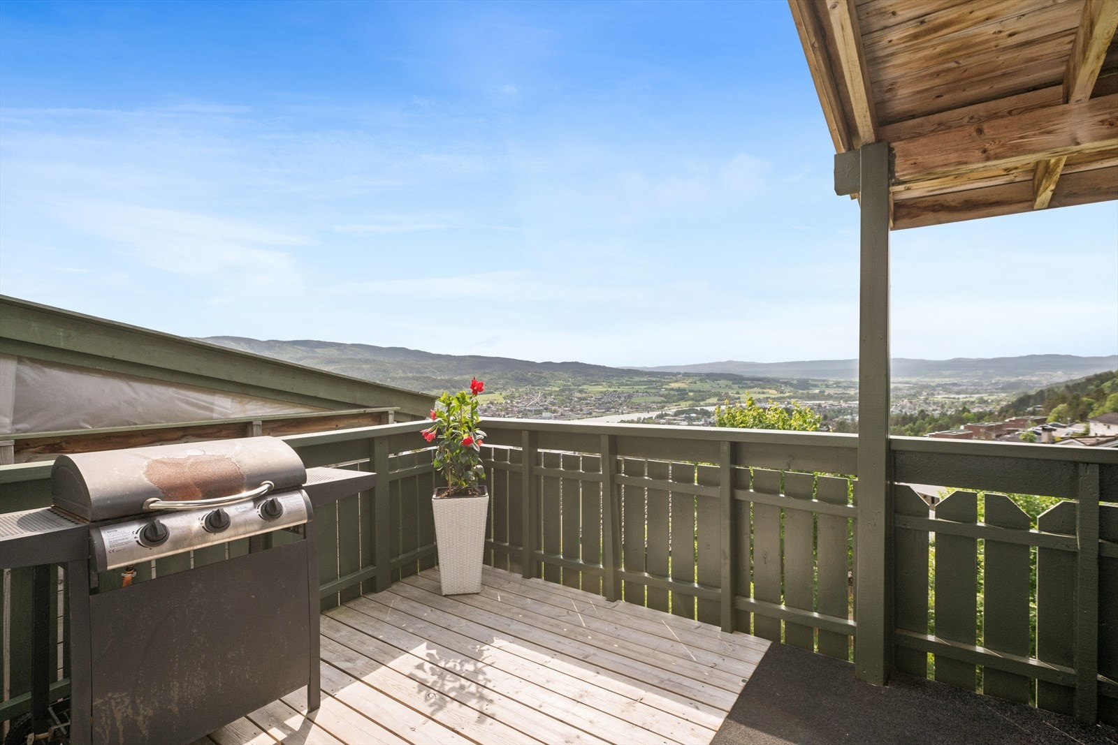 Fra verandaen er det vid utsikt over nærområdet og Drammenselva. Galleribilde