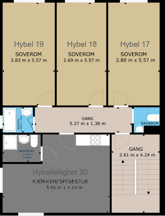 Planløsning. Hybelleilighet 20 deler ikke fellesarealene. Galleribilde