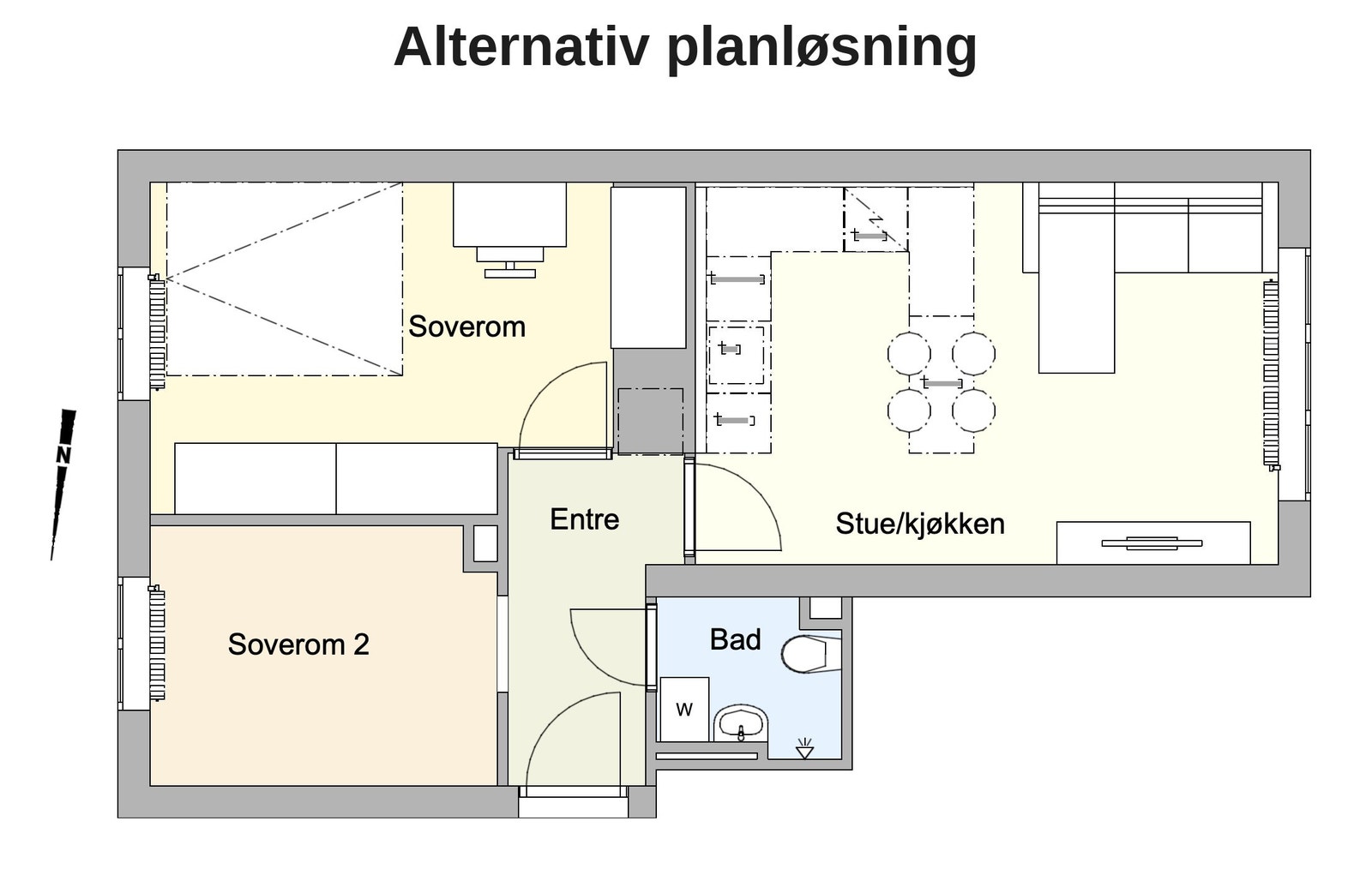 Alternativ planløsning, ved å flytte kjøkken til stue kan nytt rom etableres. Galleribilde