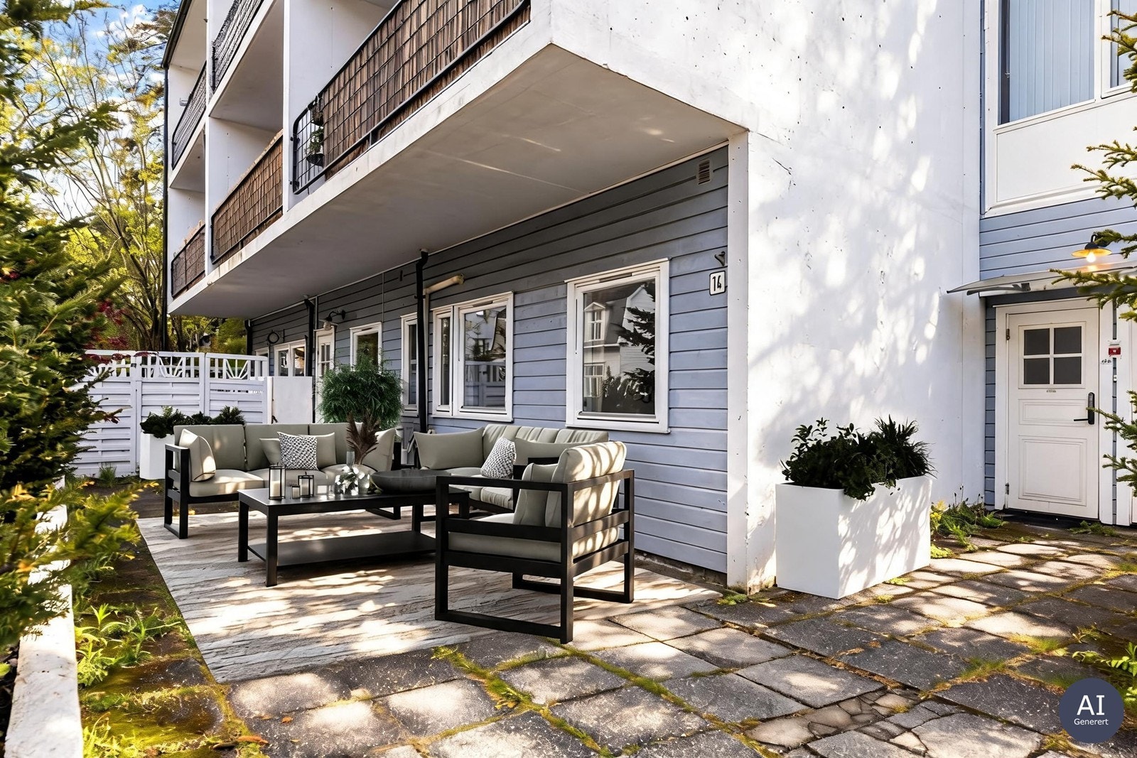 Leiligheten disponerer en stor, steinlagt markterrasse på 59 m² ved inngangspartiet. (AI Generert) Galleribilde