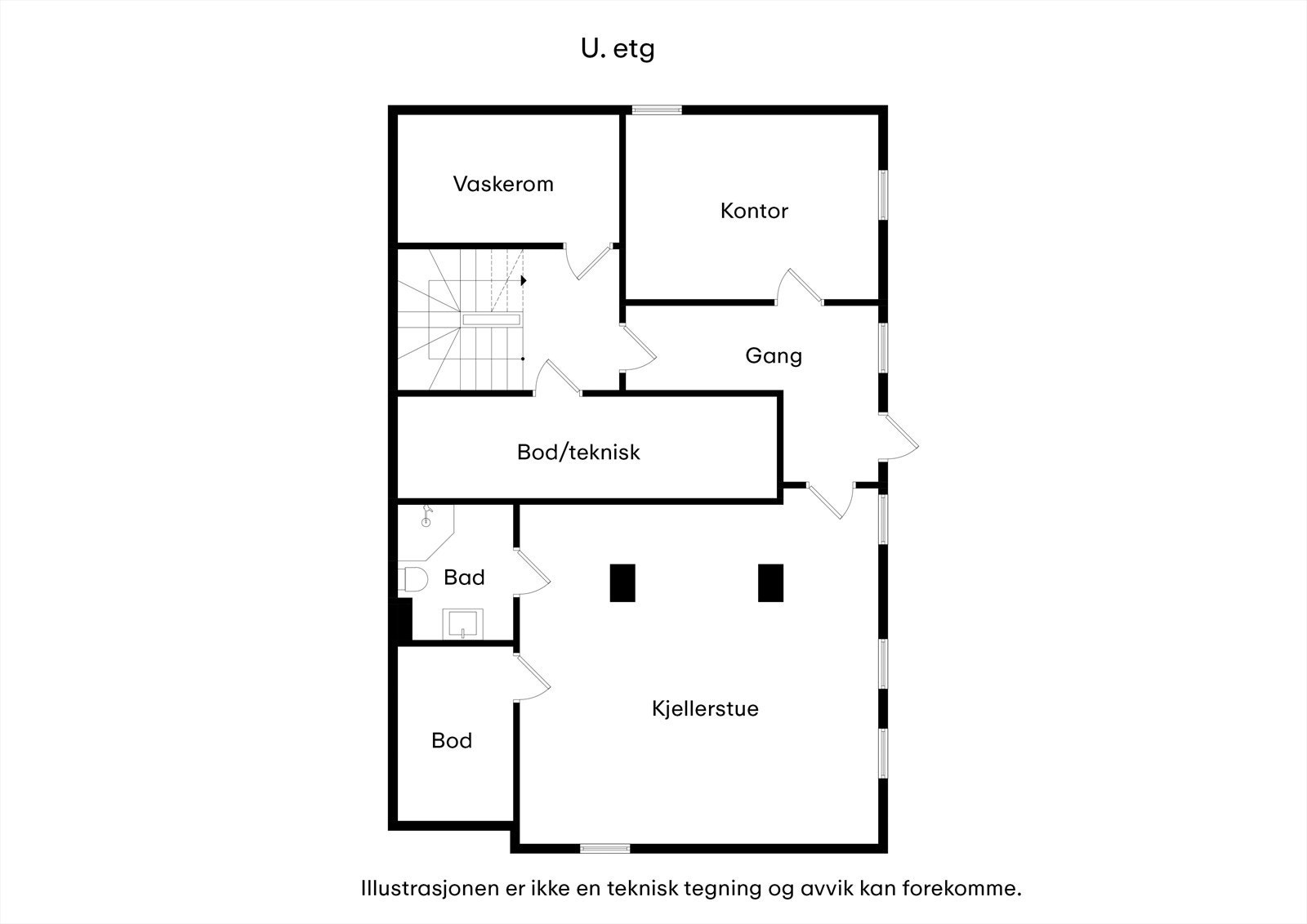 Underetasjen er innredet med blant annet kjellerstue, kontor, bad, vaskerom og bod. Galleribilde