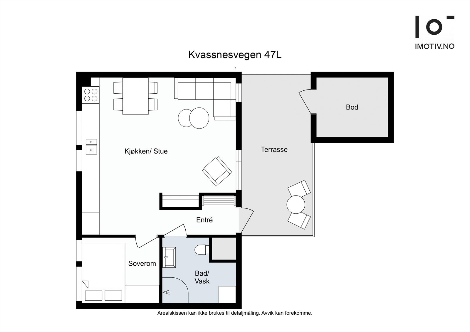 Boligen har en arealeffektiv planløsning som omfatter entré, bad, soverom og en åpen sone for stue og kjøkken. Galleribilde