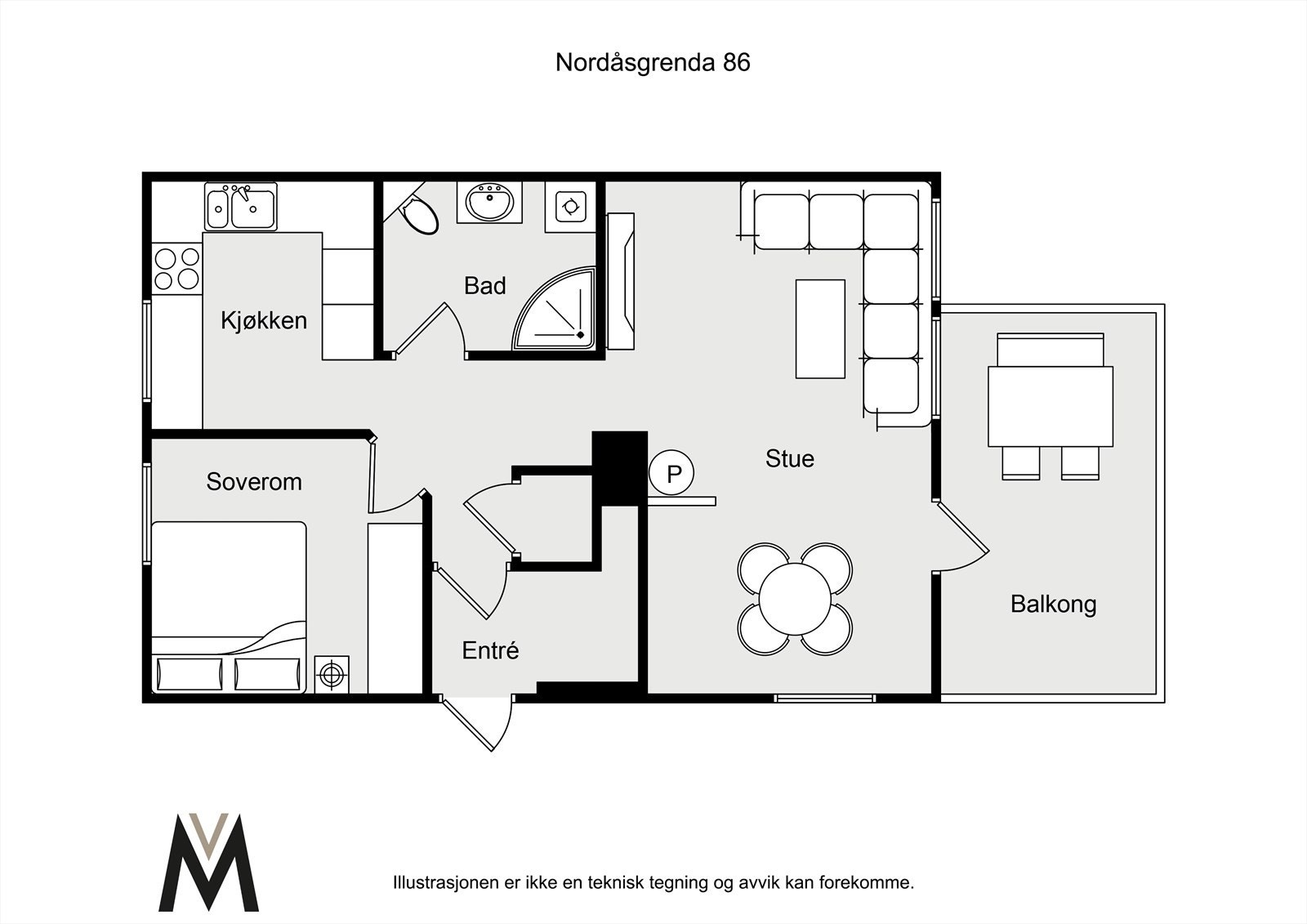 Leiligheten ligger i byggets 2.etasje (toppetasjen) og inneholder entré, gang, stue, kjøkken, soverom, baderom og kott/bod. Galleribilde