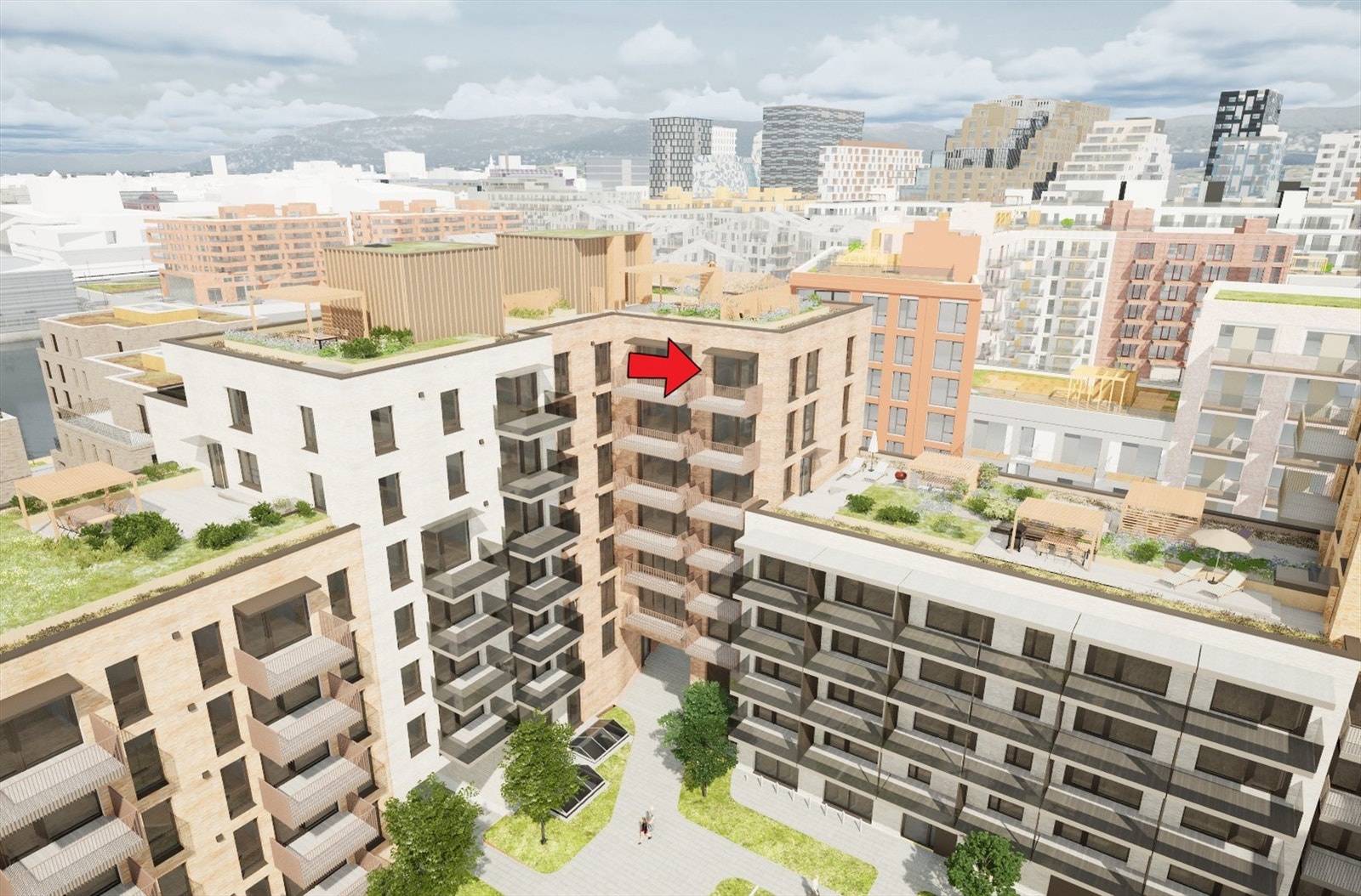 Illustrasjon | Fasade med markering av leilighetens beliggenhet. Fordelaktig beliggenhet på hjørnet av bygget som gir utsyn i tre himmelretninger. Avvik kan forekomme. Galleribilde