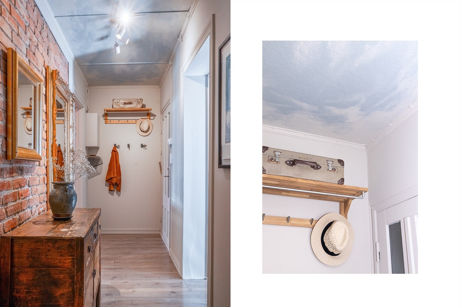Detaljrik gang med teglstein og tak med håndmalt himmelmotiv. Galleribilde