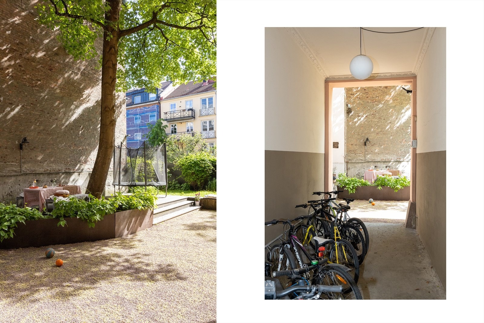 Frodig lukket bakgård med sykkelparkering. Galleribilde