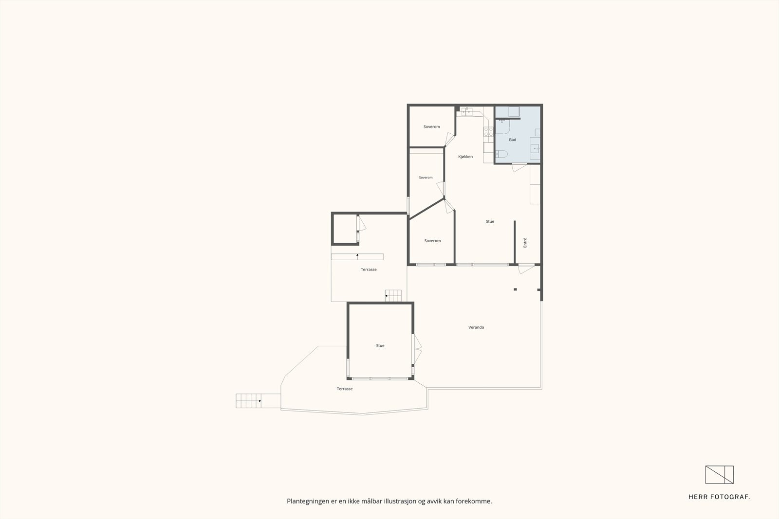 Leiligheten har en arealeffektiv planløsning på ett plan, med en åpen stue- og kjøkkenløsning, bad, soverom, kontor og en innvendig bod. Galleribilde