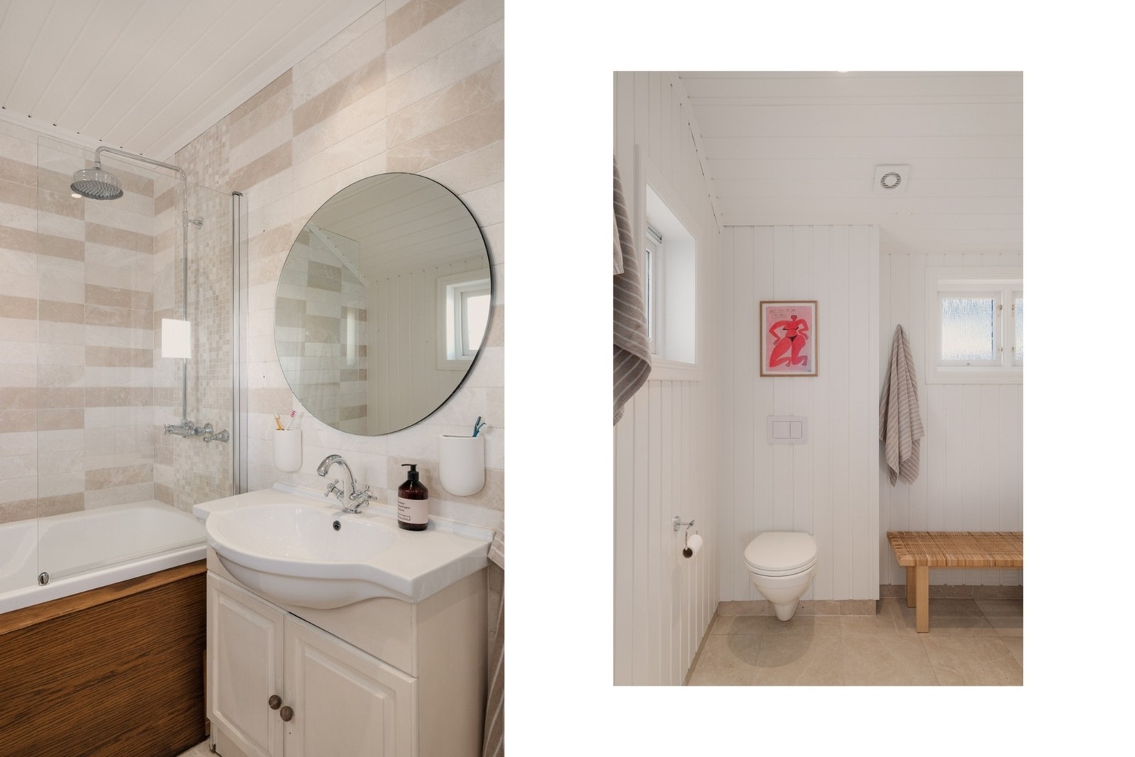 Badet inneholder servant med møblement/speil, vegghengt toalett, dusjvegg i glass, dusjgarnityr og badekar. Galleribilde