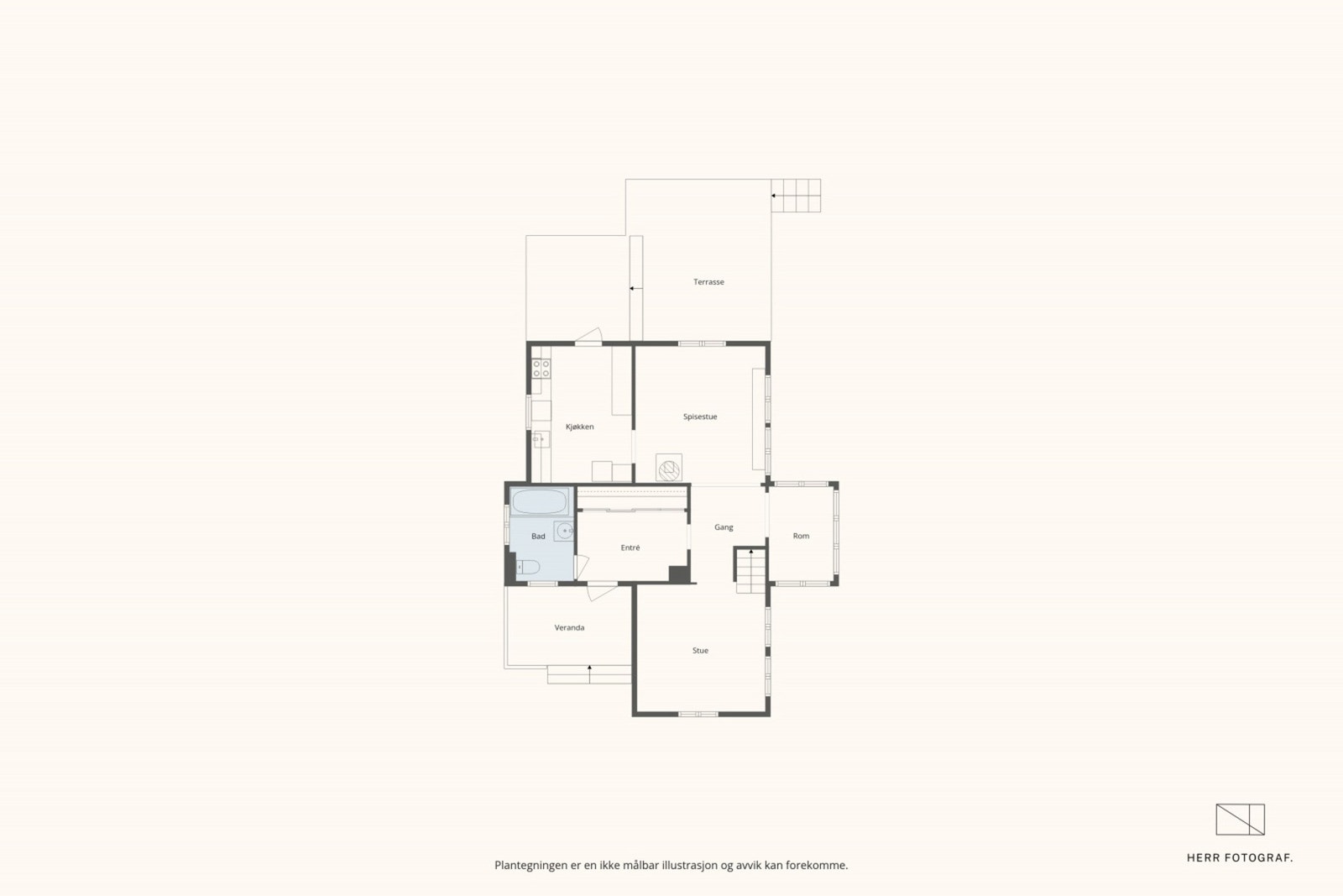 Hovedetasje | Entré/hall (8,6 m²), gang/trapperom
(6,5 m²), bad (5,5 m²), forstue (5,6 m²), stue (14,5 m²), spisestue (16,6 m²) og kjøkken (11,6 m²) Galleribilde