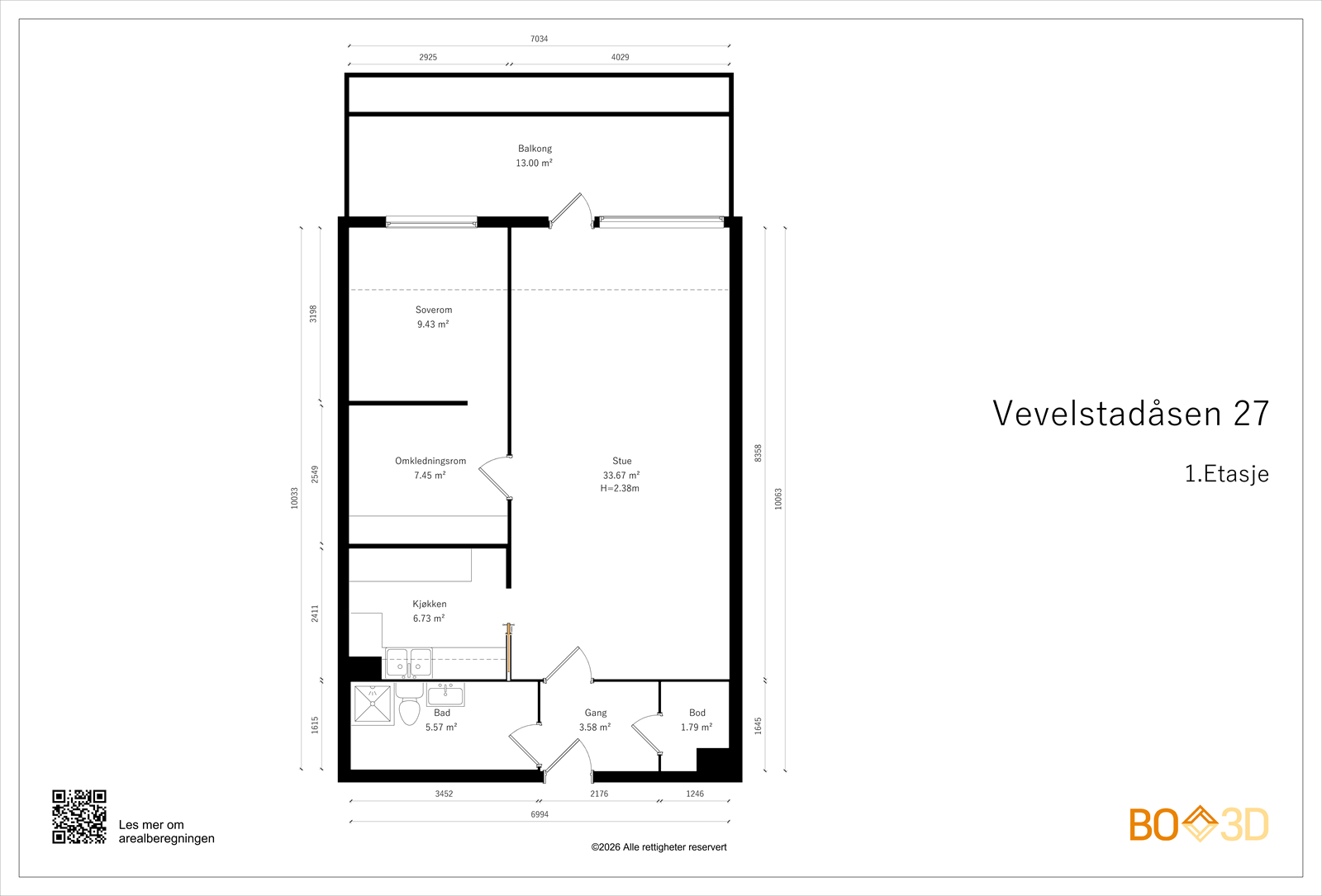Leiligheten har en praktisk planløsning med et soverom med walk-in closet, adskilt kjøkken og stue. En flott balkong, bod og garasjeplass medfølger. Galleribilde