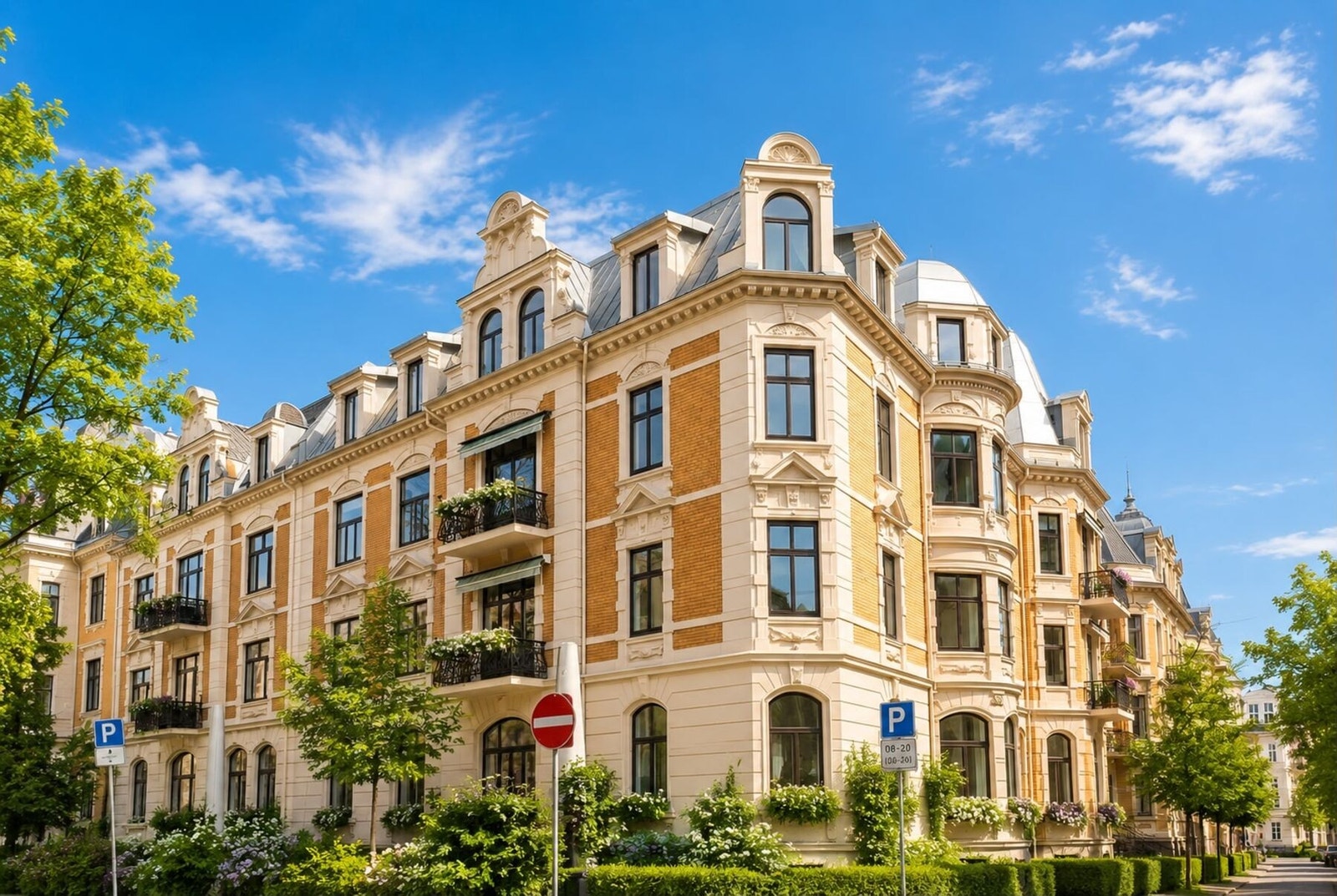 Velkommen til Meltzers gate 5! En klassisk Frogner-leilighet i en bygård fra 1898, med generøs takhøyde og rom som oppleves luftige. Lysforhold, himmel og blader på trær/hekk er redigert med KI. Galleribilde