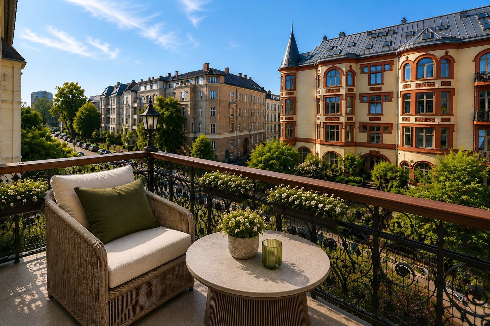 En klassisk Frogner-leilighet i en bygård fra 1898, med generøs takhøyde og rom som oppleves luftige. Lysforhold, himmel og blader på trær/hekk er redigert med KI. Galleribilde