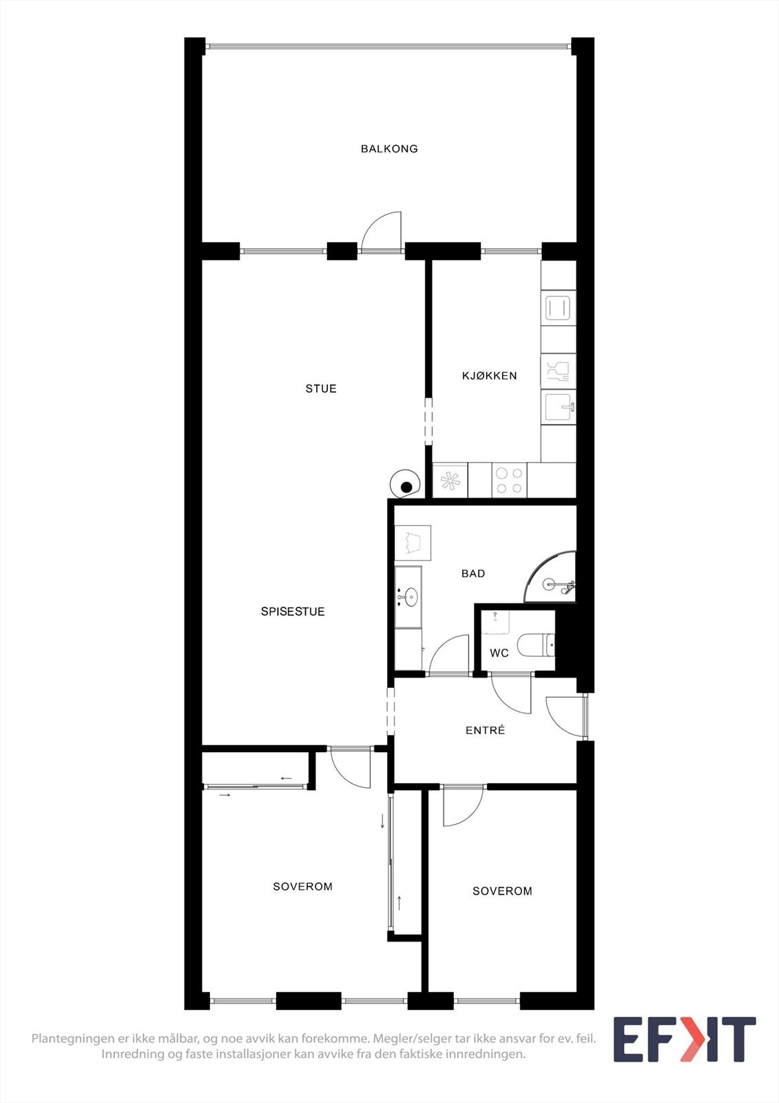 Leiligheten har en arealeffektiv planløsning med to soverom, separat bad og toalettrom. Galleribilde