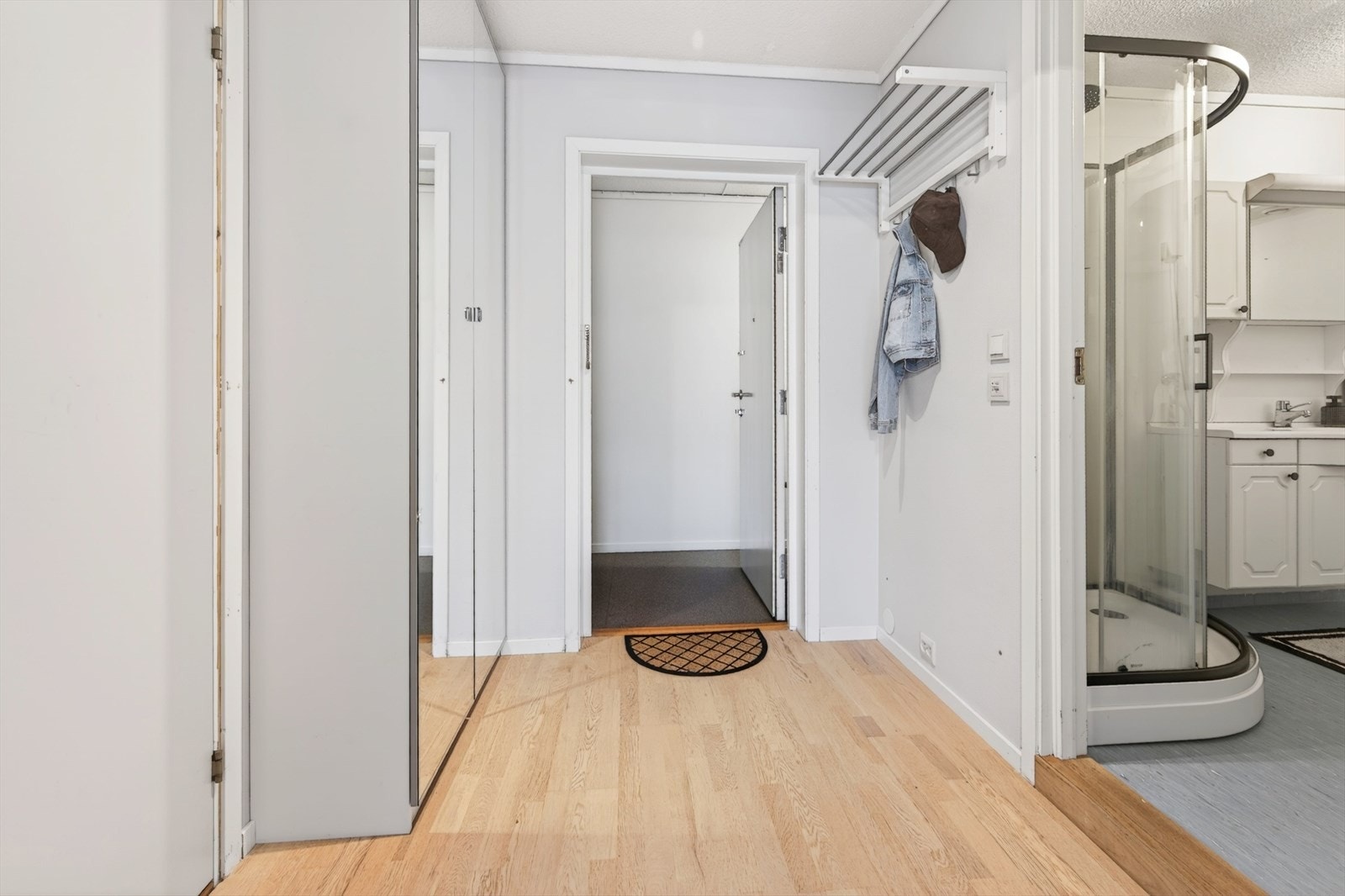 Entréen har parkett på gulvet og gir tilgang til bad og en praktisk innvendig bod. Galleribilde