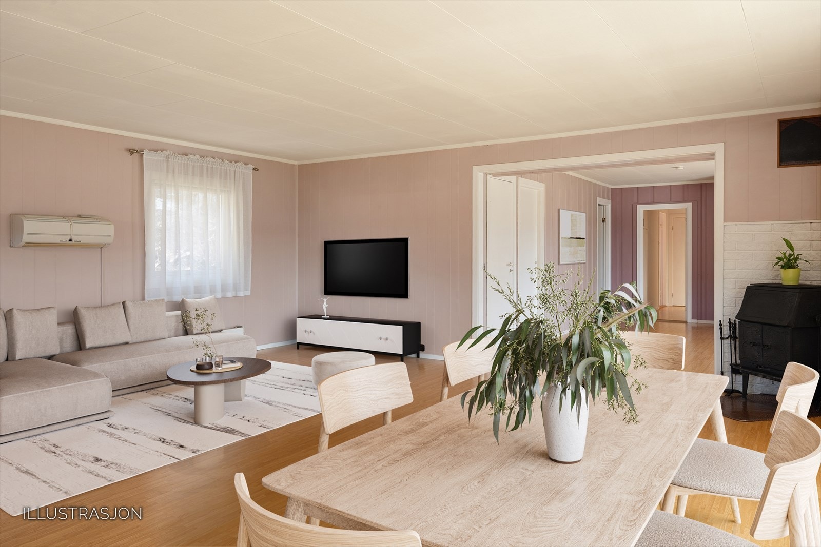 Her har man god plass til å møblere i flere soner med både sofa og spisegruppe. Vi gjør oppmerksom på at bildet er digitalt møblert og kun en illustrasjon. Galleribilde