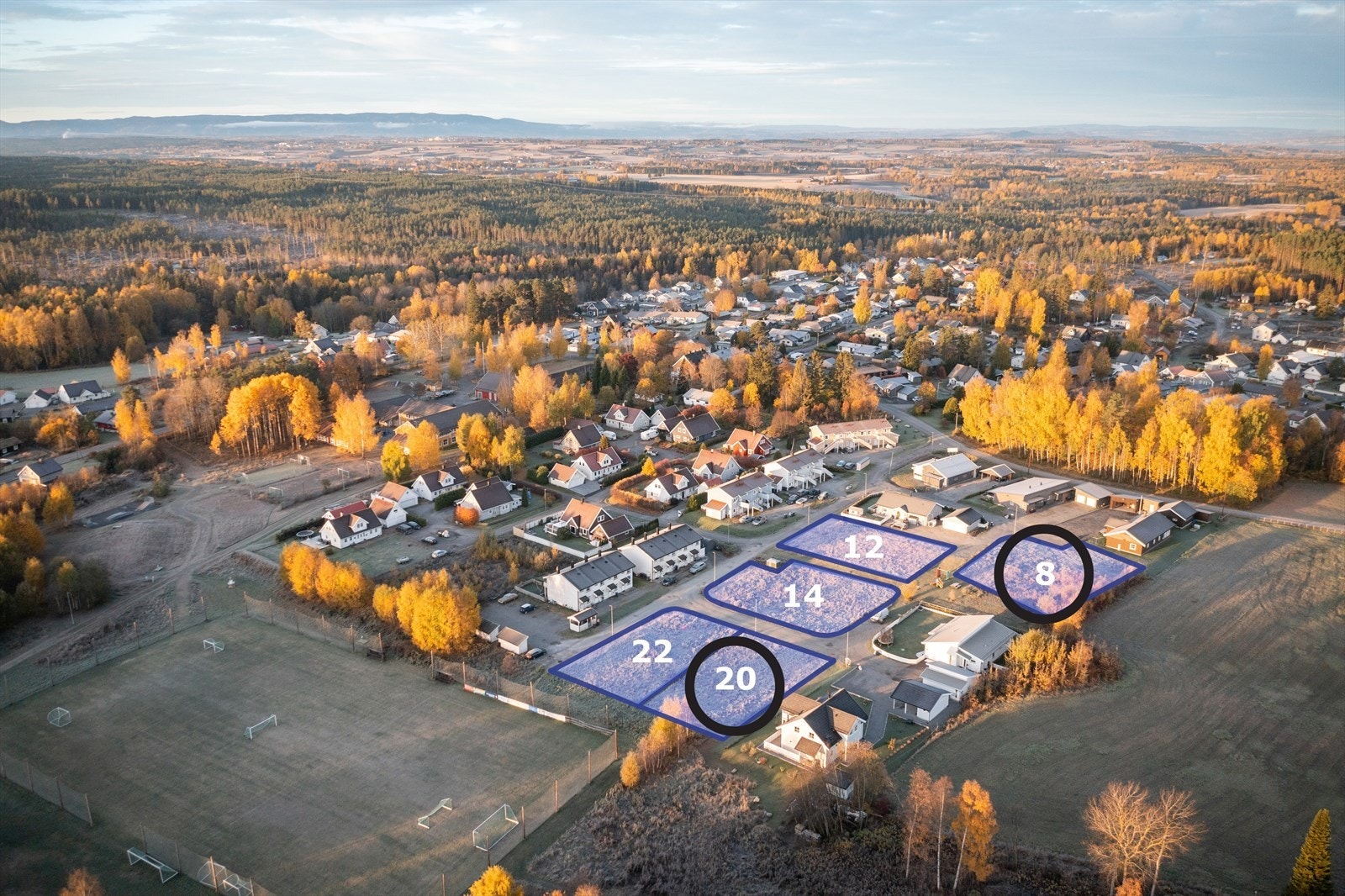 Oversiktsbilde. Tomter markert med sort ring er solgt. Galleribilde