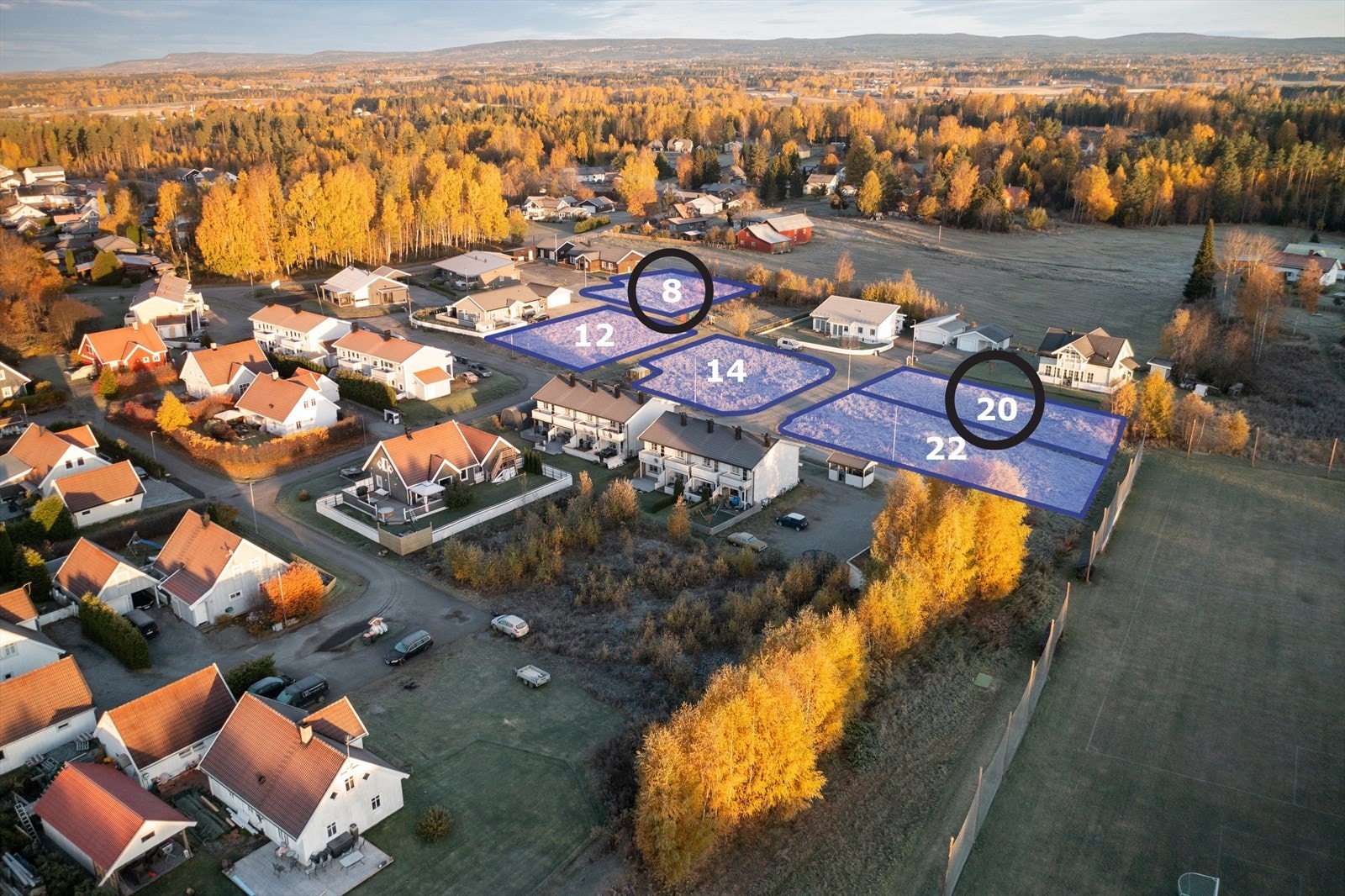 Oversiktsbilde. Tomter markert med sort ring er solgt. Galleribilde