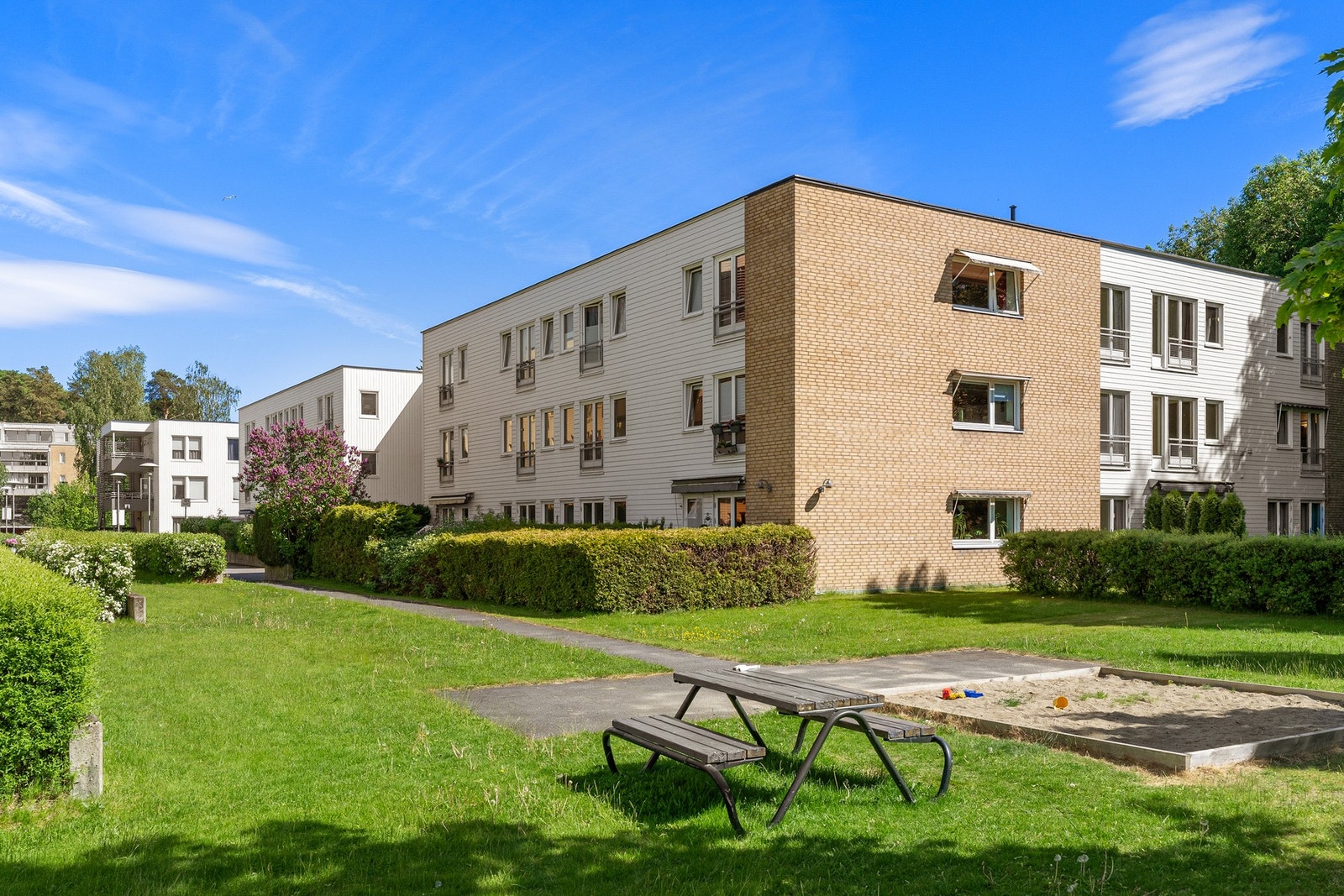 Fellesarealer med pent opparbeidet med gressplen, diverse beplantning og asfalterte internveier. Galleribilde