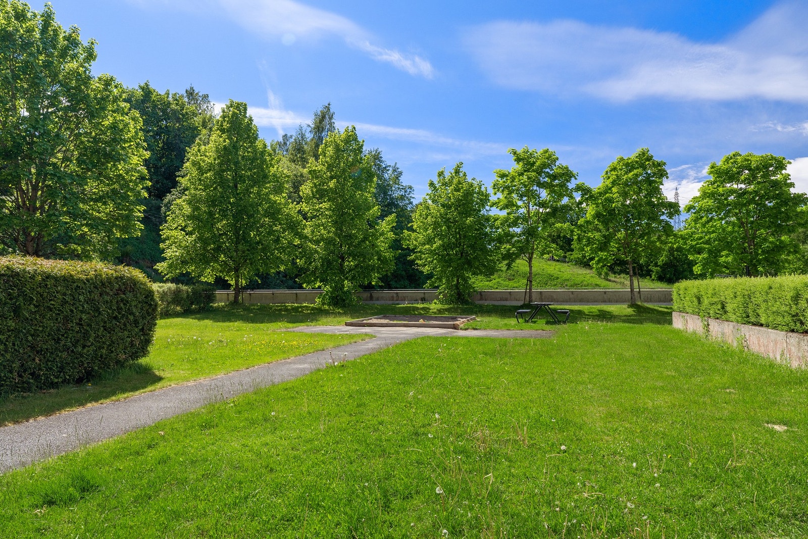 Fellesarealer med pent opparbeidet med gressplen, diverse beplantning og asfalterte internveier. Galleribilde