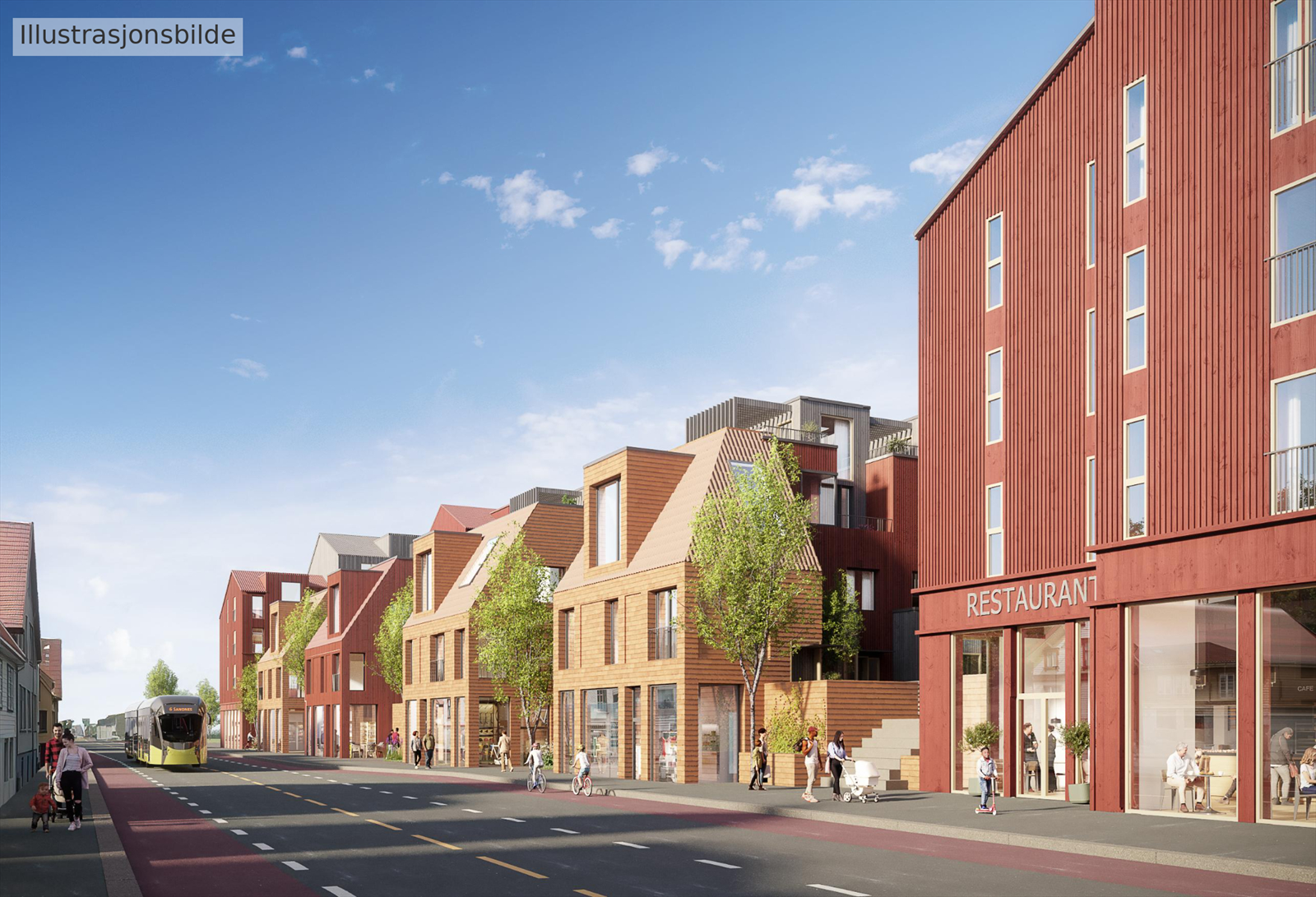 Link arkitekter sine illustrasjoner av gaten ferdigstilt på andre siden for eneboligen, med Østraat Havn prosjektet. Her vil det komme cafeer, næring, boliger, strand, sauna, volleyballbane og park. Prosjektet er i gangsatt og under bygging. Galleribilde