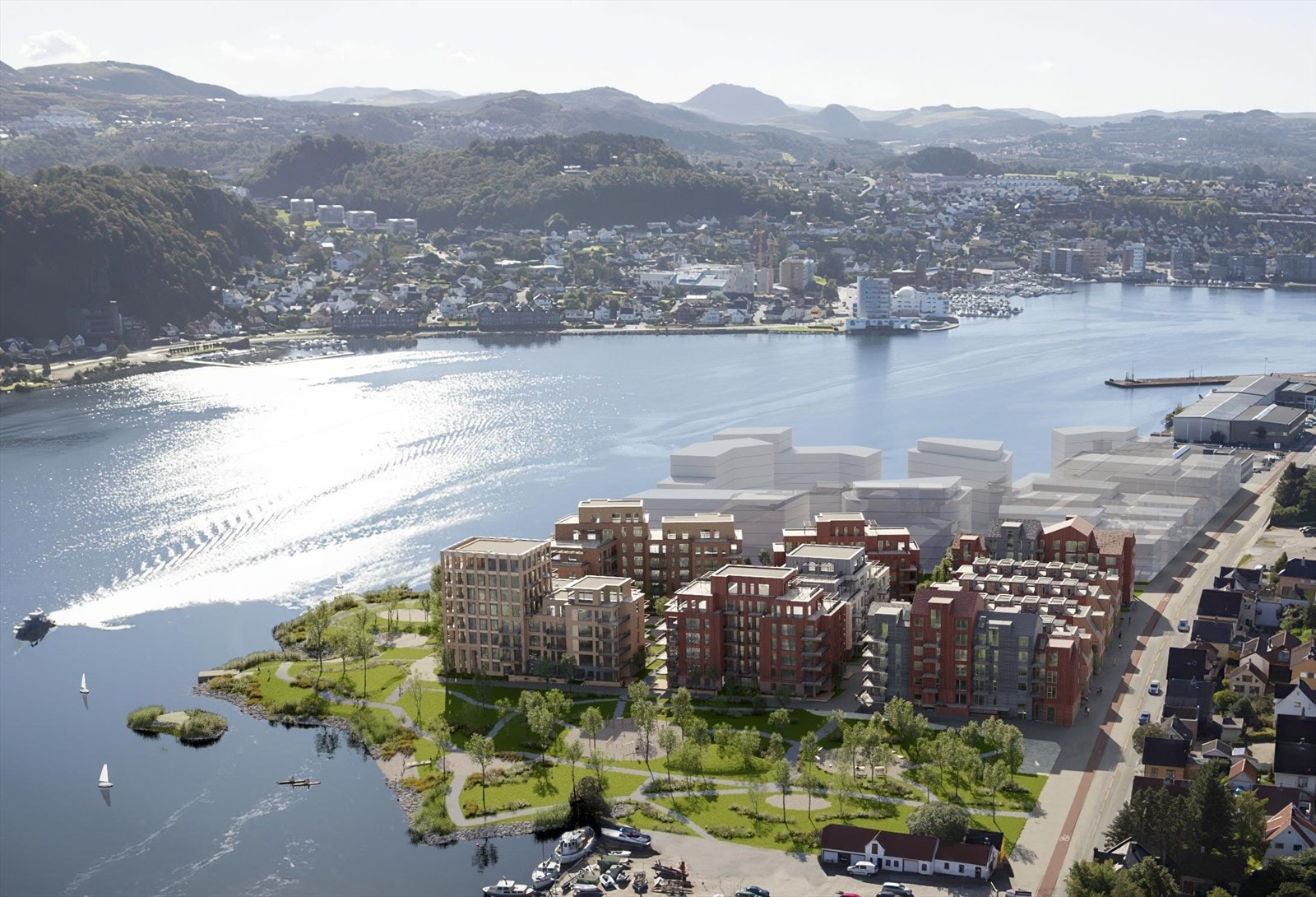 Link arkitekter sine illustrasjoner av gaten ferdigstilt på andre siden for eneboligen, med Østraat Havn prosjektet. Her vil det komme cafeer, næring, boliger, strand, sauna, volleyballbane og park. Prosjektet er i gangsatt og under bygging. Galleribilde