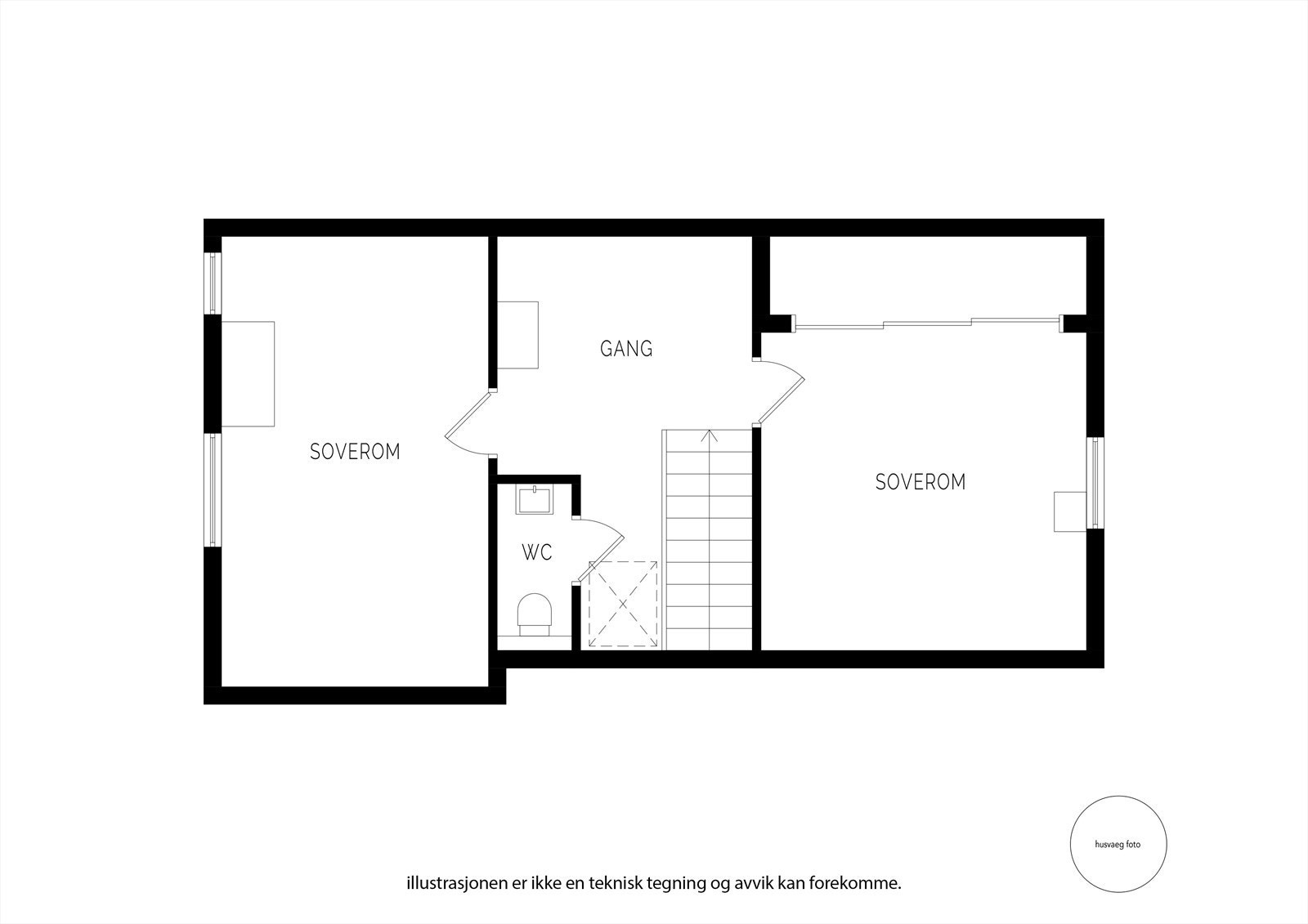 Oppe har du to gode soverom og en mellomgang med praktisk plassert toalettrom. Galleribilde