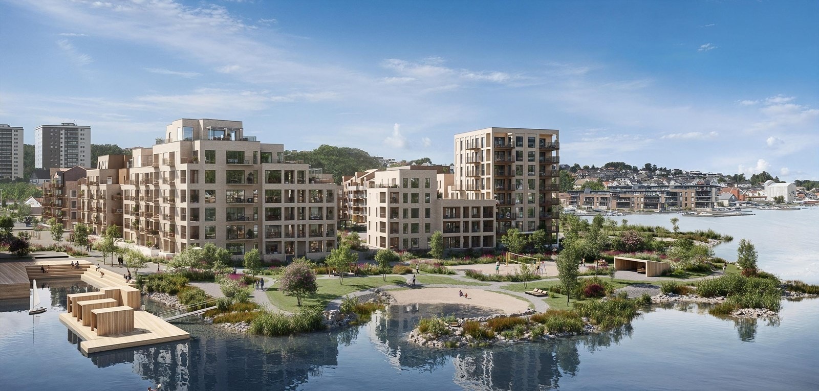 Link arkitekter sine illustrasjoner av gaten ferdigstilt på andre siden for eneboligen, med Østraat Havn prosjektet. Her vil det komme cafeer, næring, boliger, strand, sauna, volleyballbane og park. Prosjektet er i gangsatt og under bygging. Galleribilde
