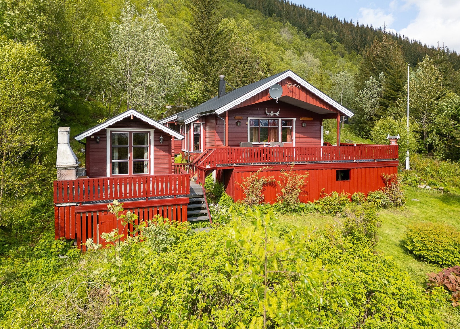 Fasade og uteområde. Stort sett er eiendommen naturtomt, men det er også hage med trær og beplantning. Galleribilde