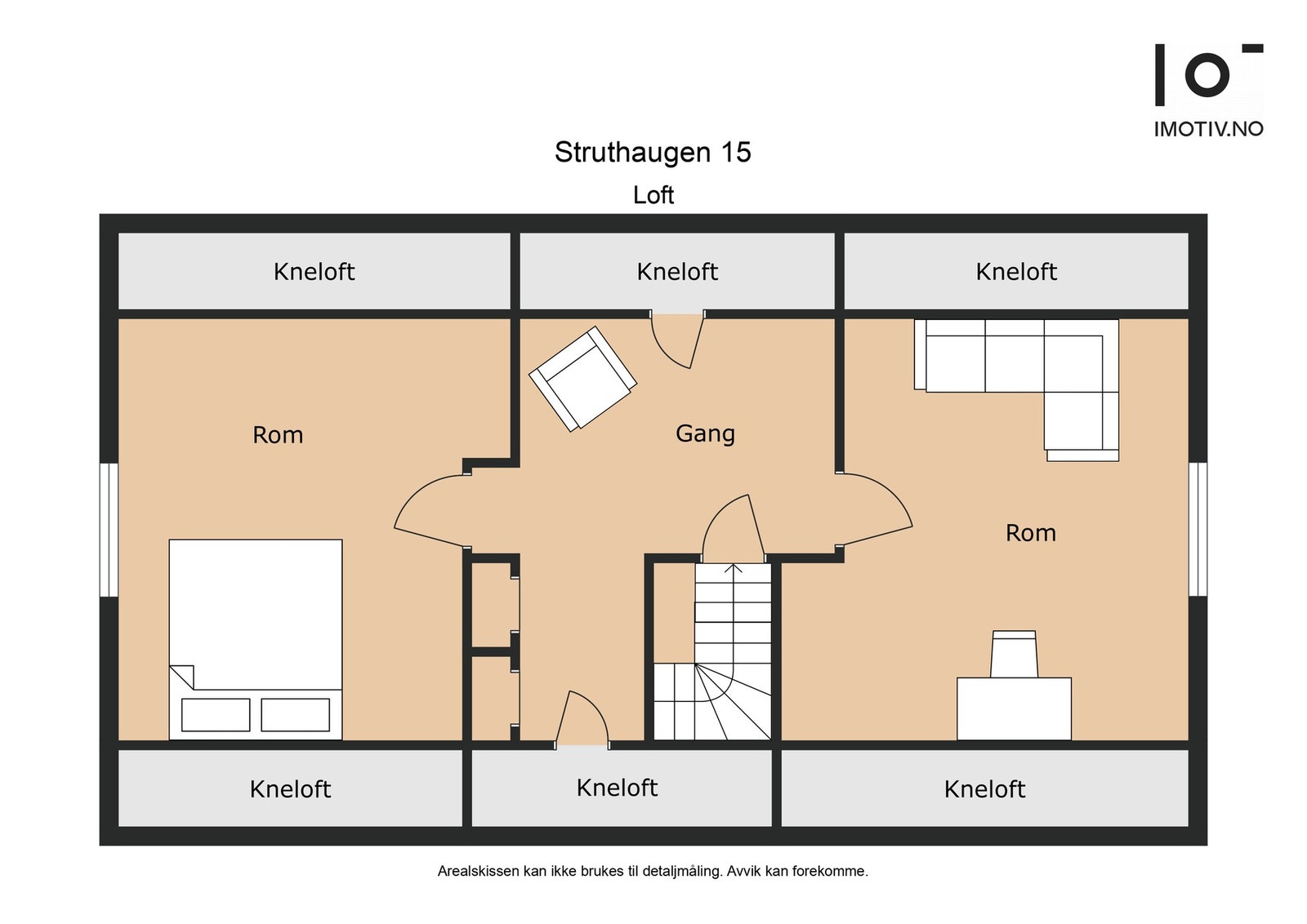 Plantegning loftetasje. Det foreligger ikke dokumentasjon på at loftet er godkjent innredet eller godkjent for varig opphold. Galleribilde