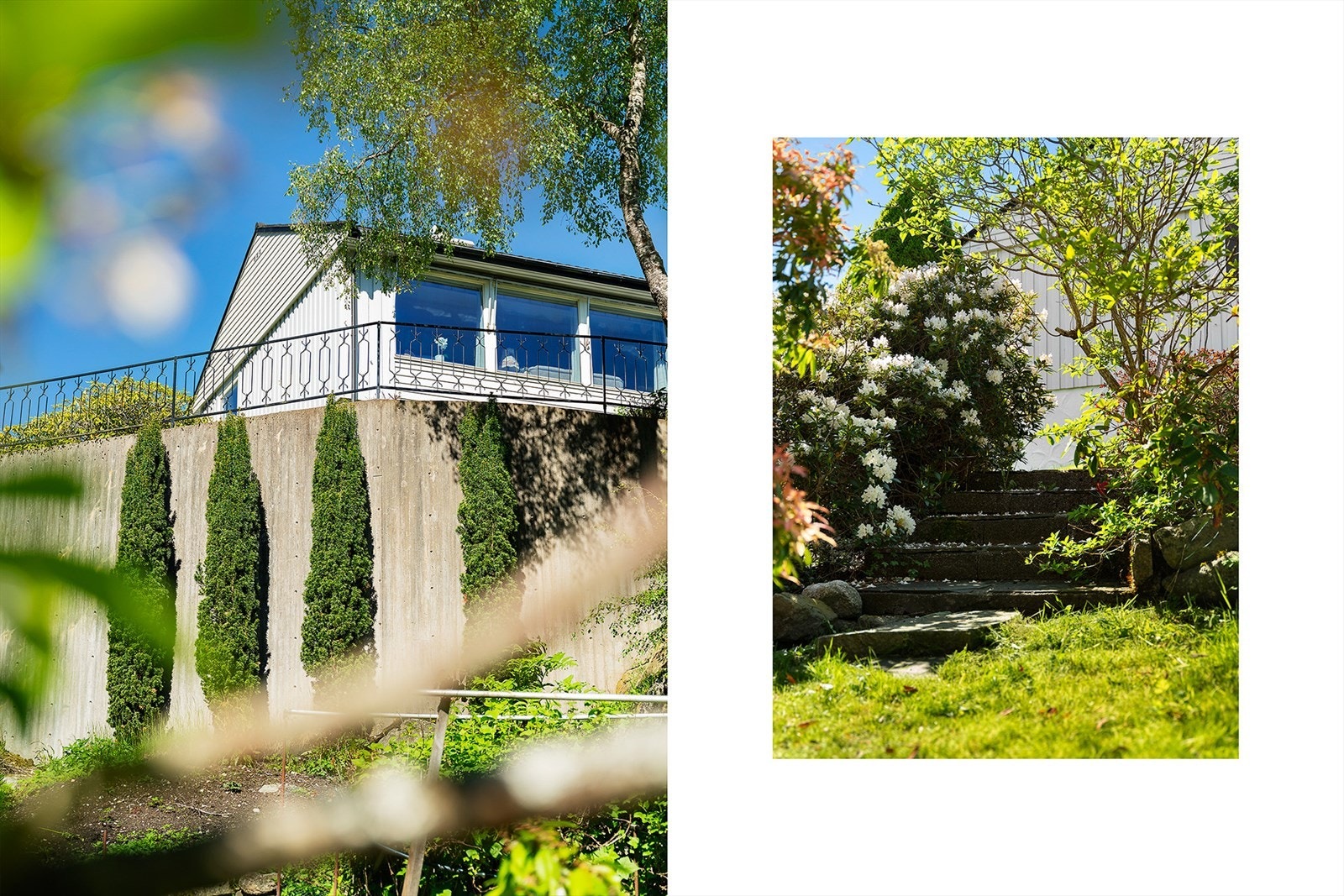 Eiendommen ligger i skrånende terreng med forstøtningsmurer av betong og stein. Galleribilde