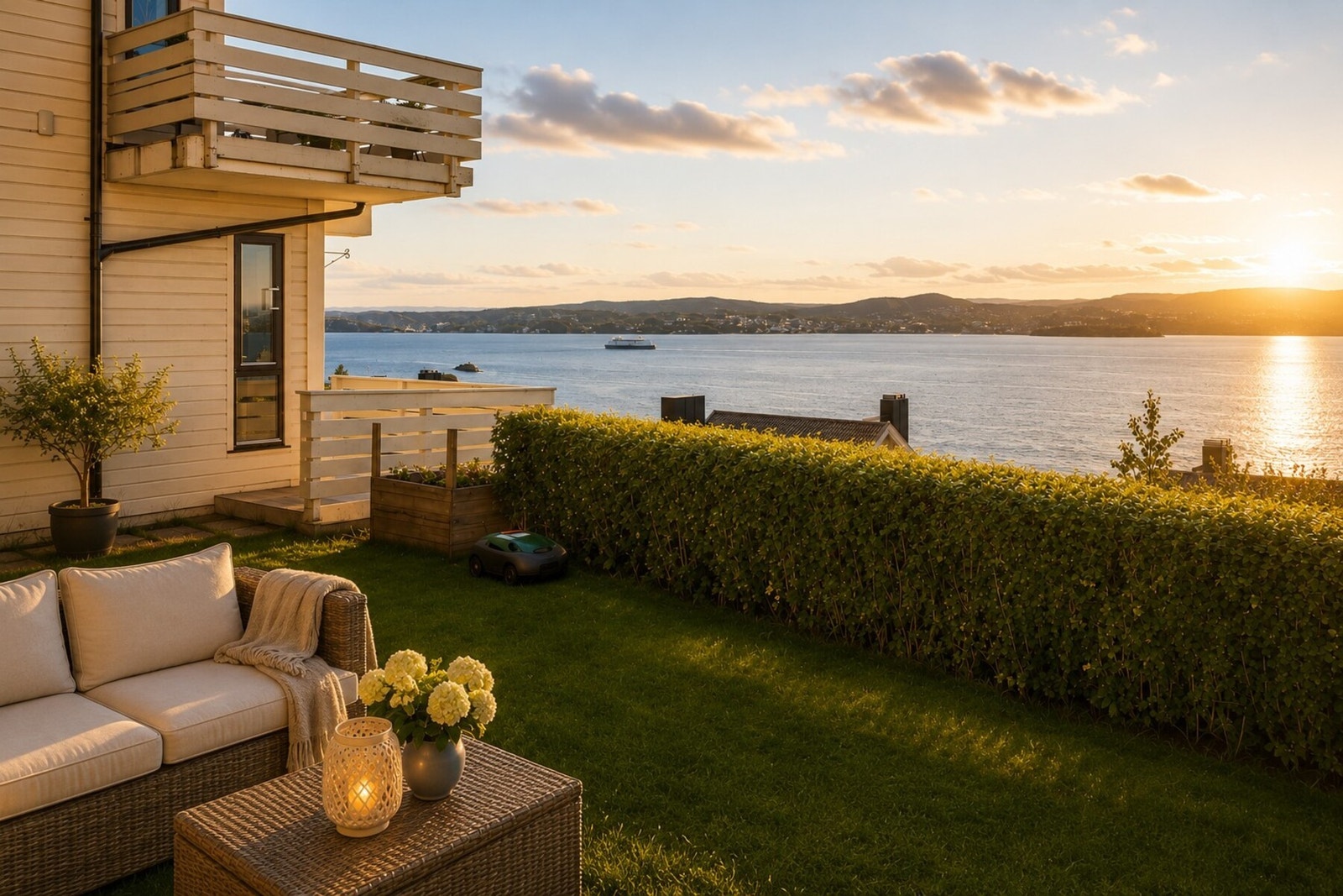 Gjennomgående og innholdsrik 4-roms med stor terrasse med panoramautsikt over Oslofjorden. Bildet er redigert med AI. Galleribilde