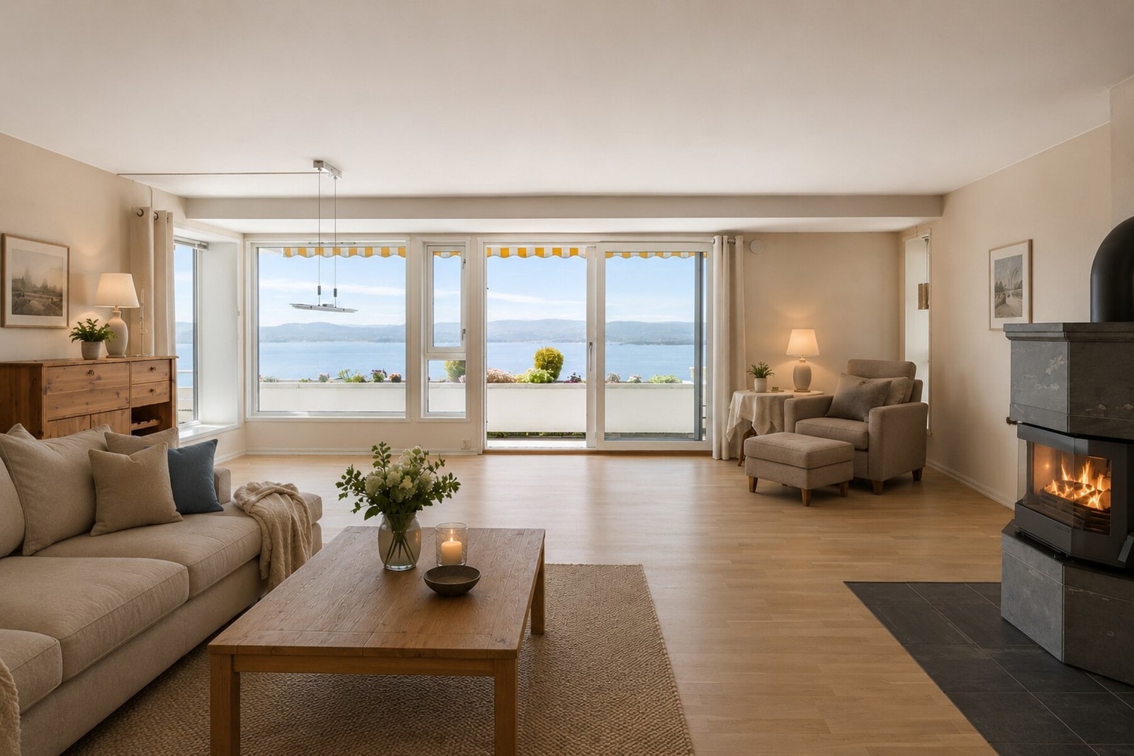 Boligens stue er et lyst og hyggelig oppholdsrom med god plass til både sofagruppe, TV-løsning og øvrig møblement. Bildet er redigert med AI. Galleribilde
