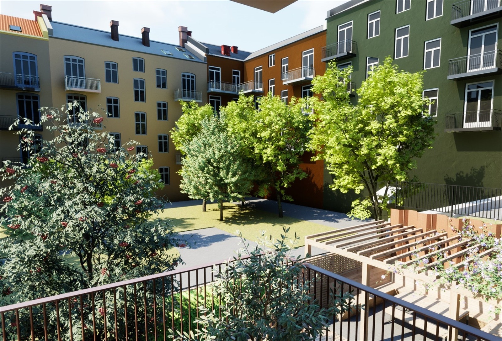 Illustrasjon utsyn fra balkong inn mot bakgård. Avvik kan forekomme. Galleribilde