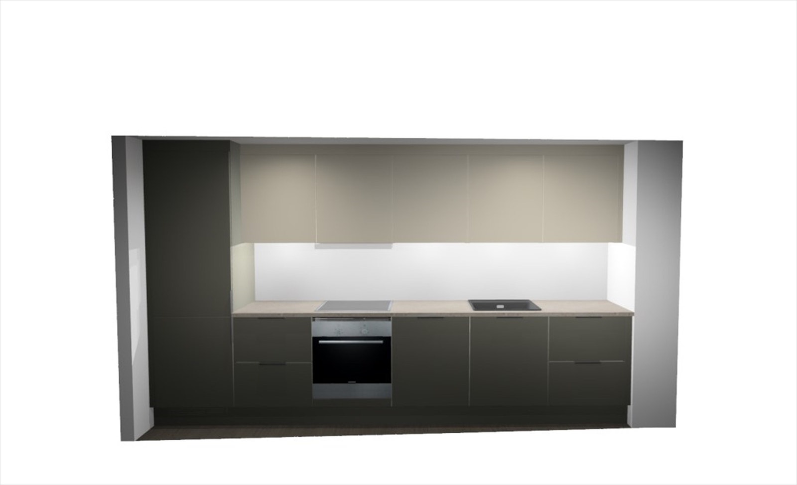 Illustrasjon kjøkkentegning fra HTH i denne leiligheten | Stilrent kjøkken i modellen ZP Focus i mosegrønn/beige. Det leveres integrerte hvitevarer fra Electrolux. Avvik kan forekomme. Galleribilde