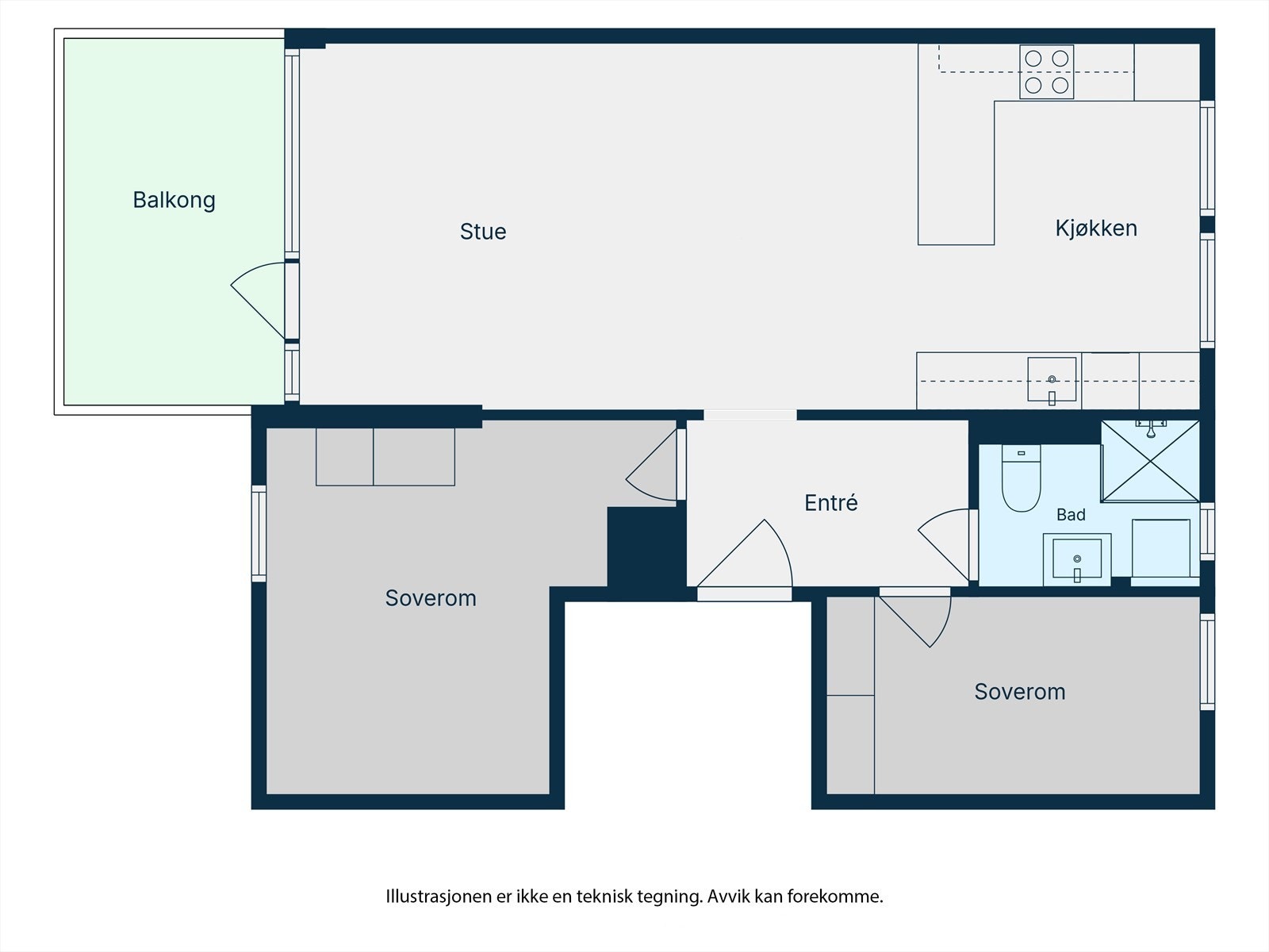 Leiligheten har en effektiv planløsning med to soverom, et moderne bad og en åpen sone for stue og kjøkken. Galleribilde